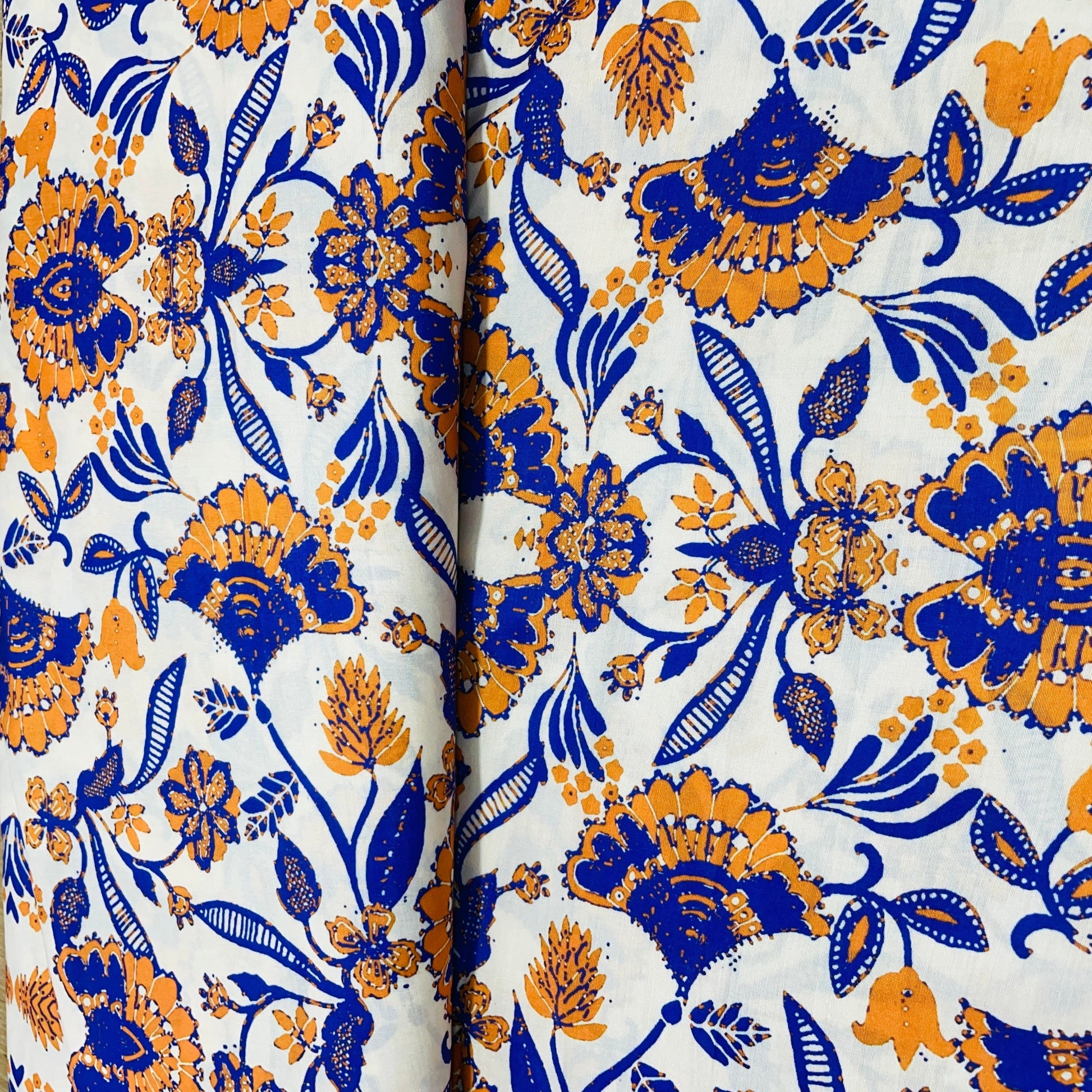 Cream With Mustard Purple Floral Print Muslin Fabric - TradeUNO