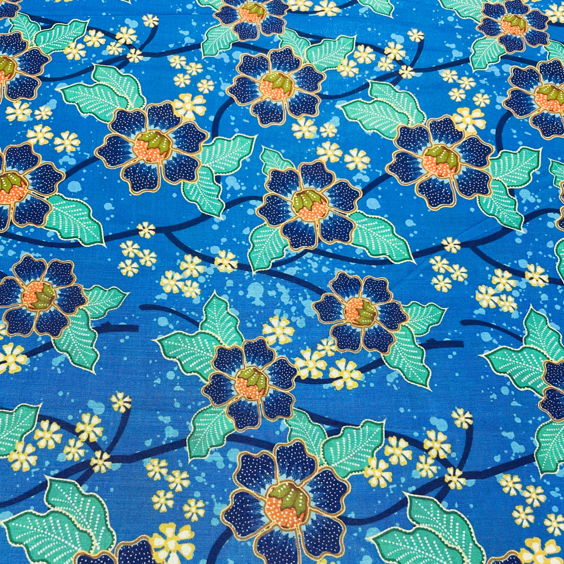 Navy Blue Floral Print Muslin Fabric - TradeUNO