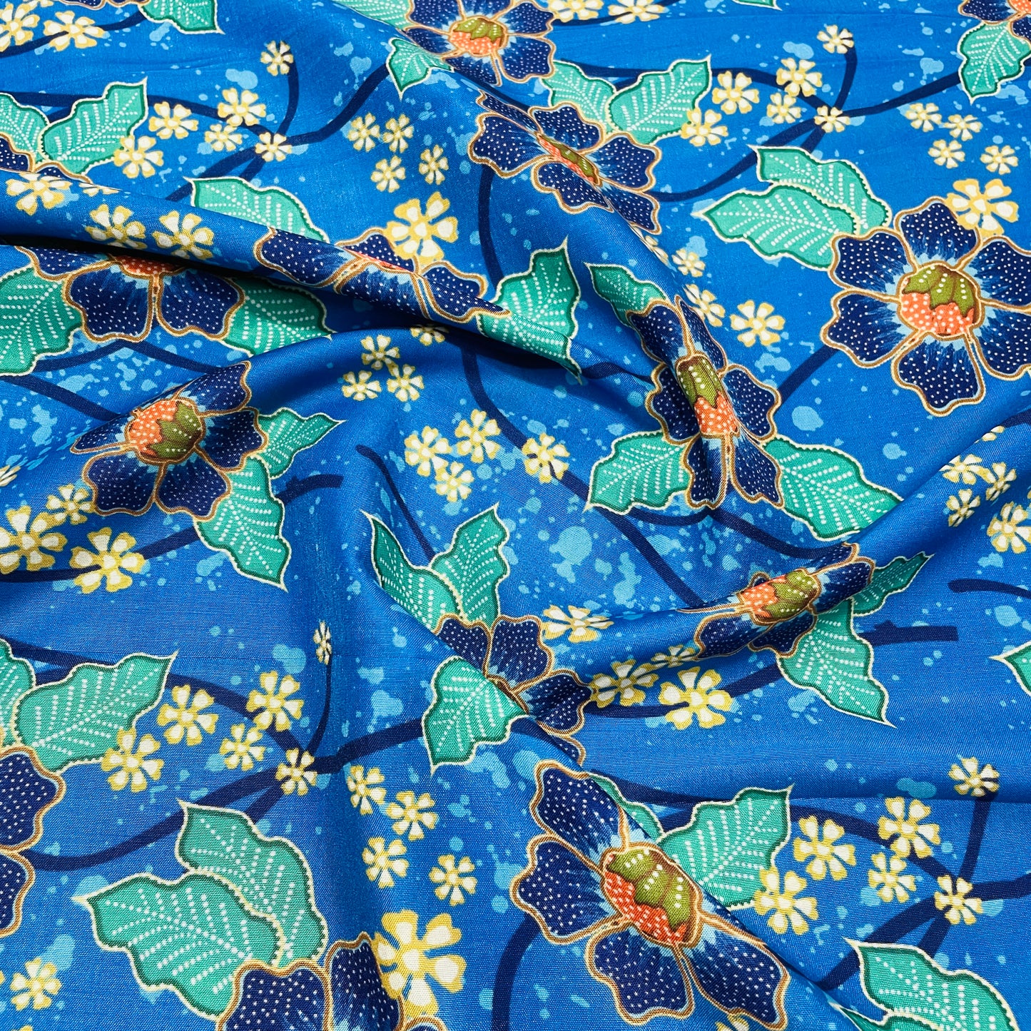 Navy Blue Floral Print Muslin Fabric - TradeUNO