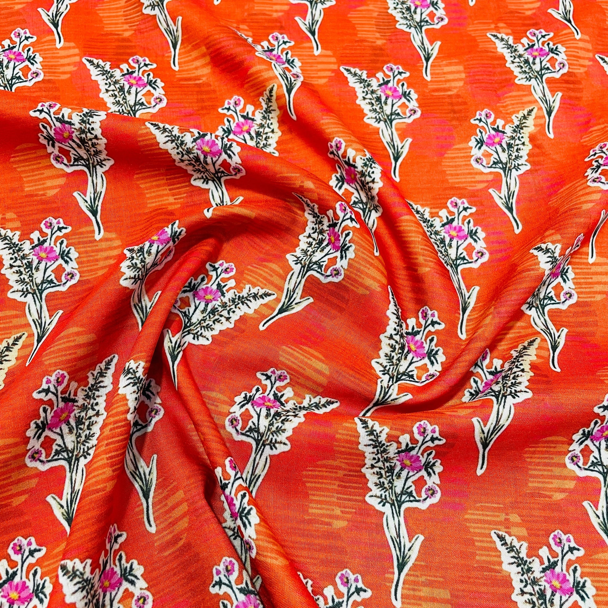 Orange Pink Floral Print Muslin Fabric - TradeUNO