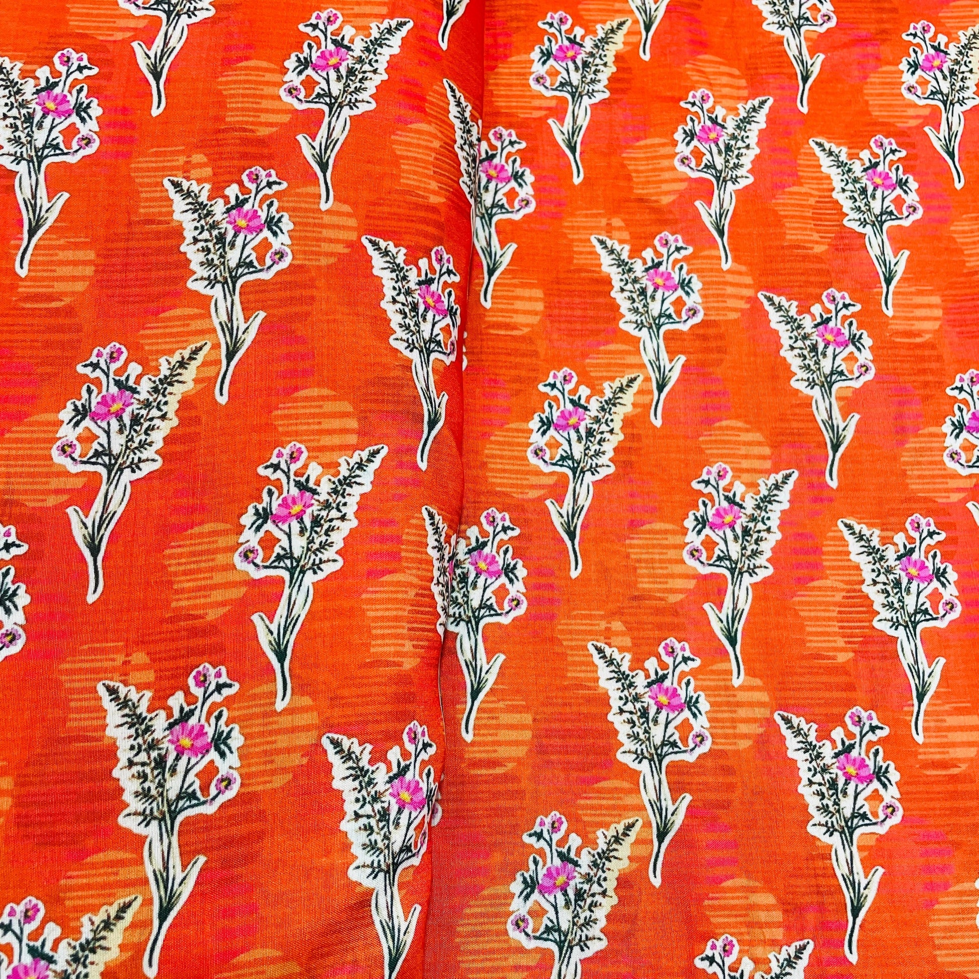 Orange Pink Floral Print Muslin Fabric - TradeUNO