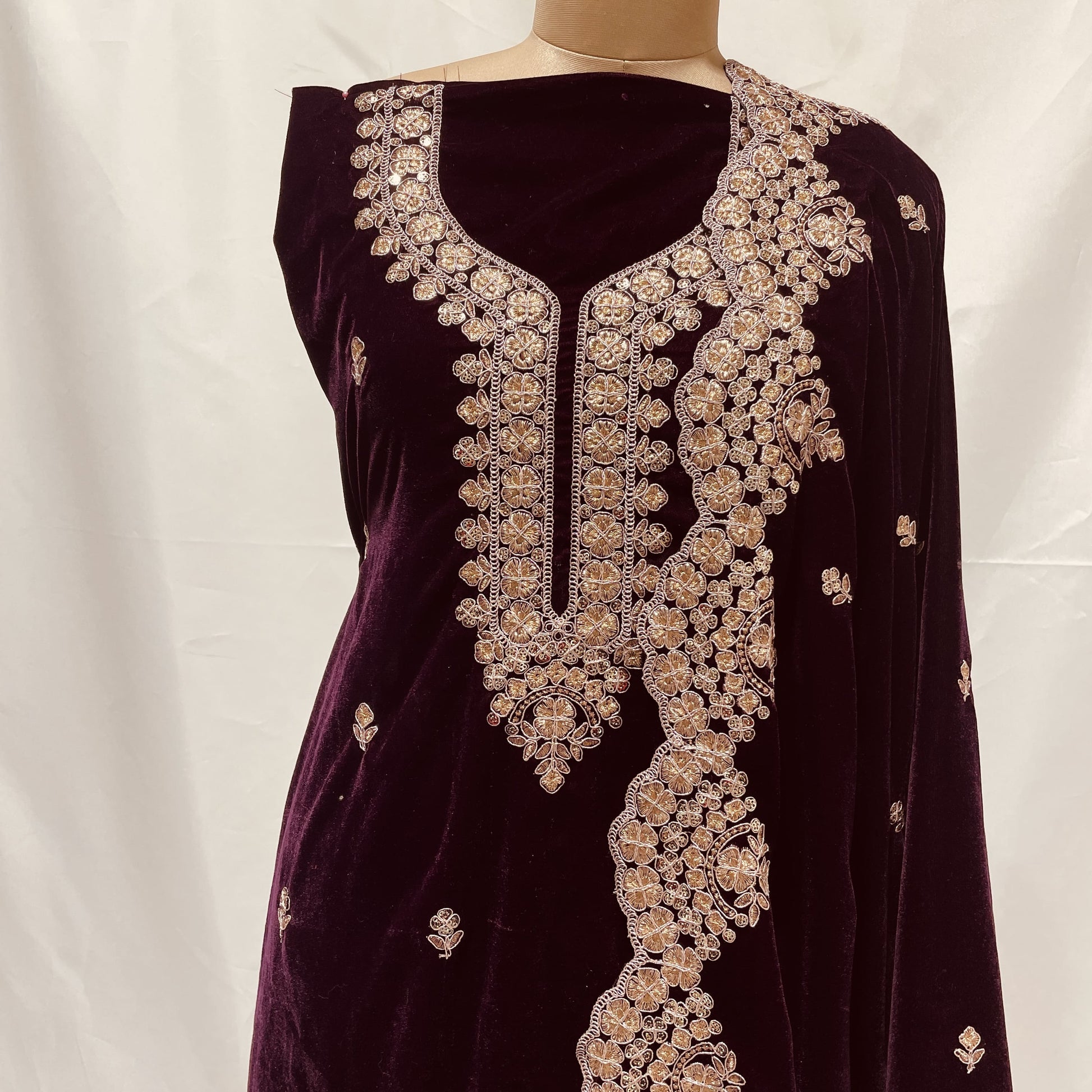 Premium Wine Zari Sequence Embroidery Velvet Suit Set With Dupatta