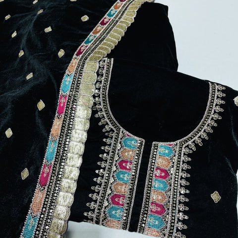 Premium Black Thread Sequence Embroidery Velvet Suit Set With Dupatta