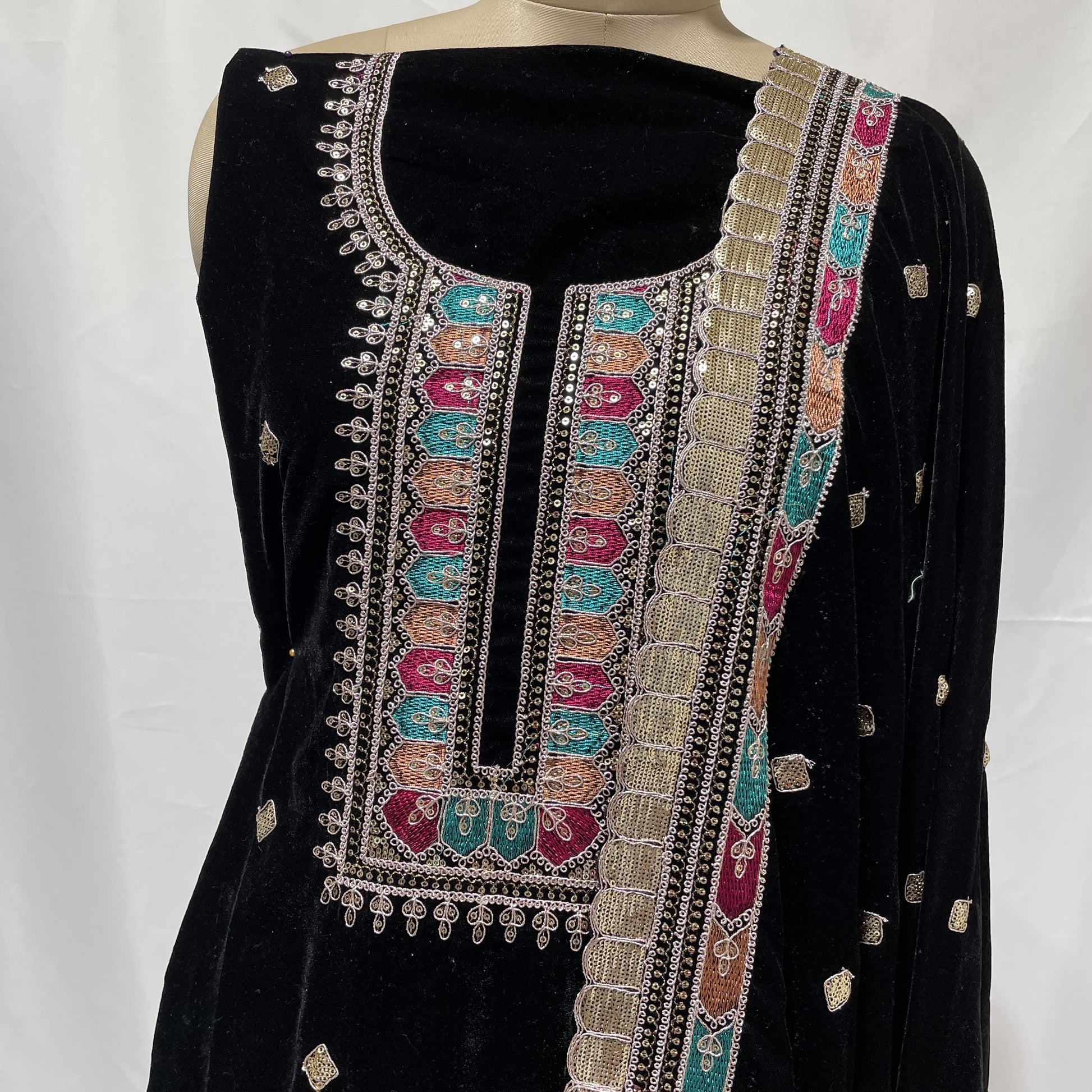 Premium Black Thread Sequence Embroidery Velvet Suit Set With Dupatta