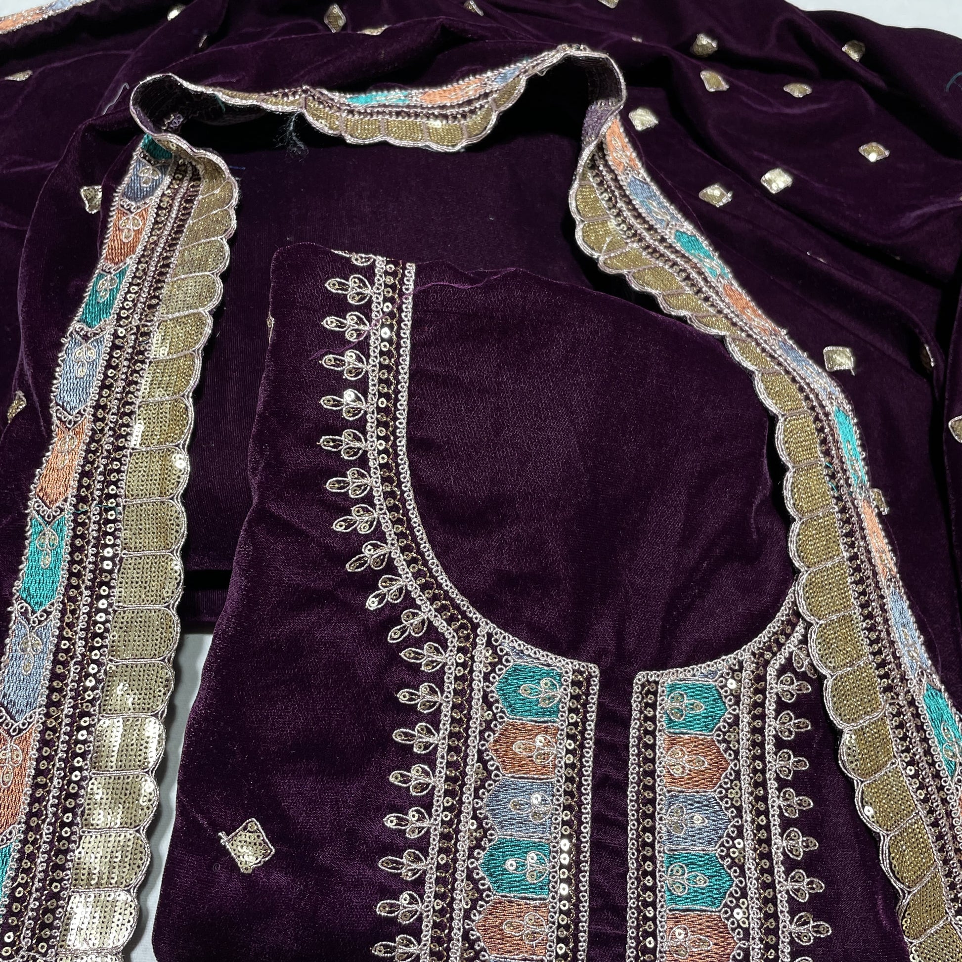 Premium Wine Thread Sequence Embroidery Velvet Suit Set With Dupatta