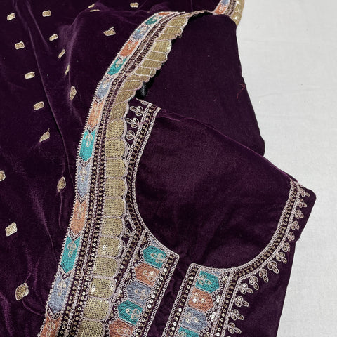 Premium Wine Thread Sequence Embroidery Velvet Suit Set With Dupatta