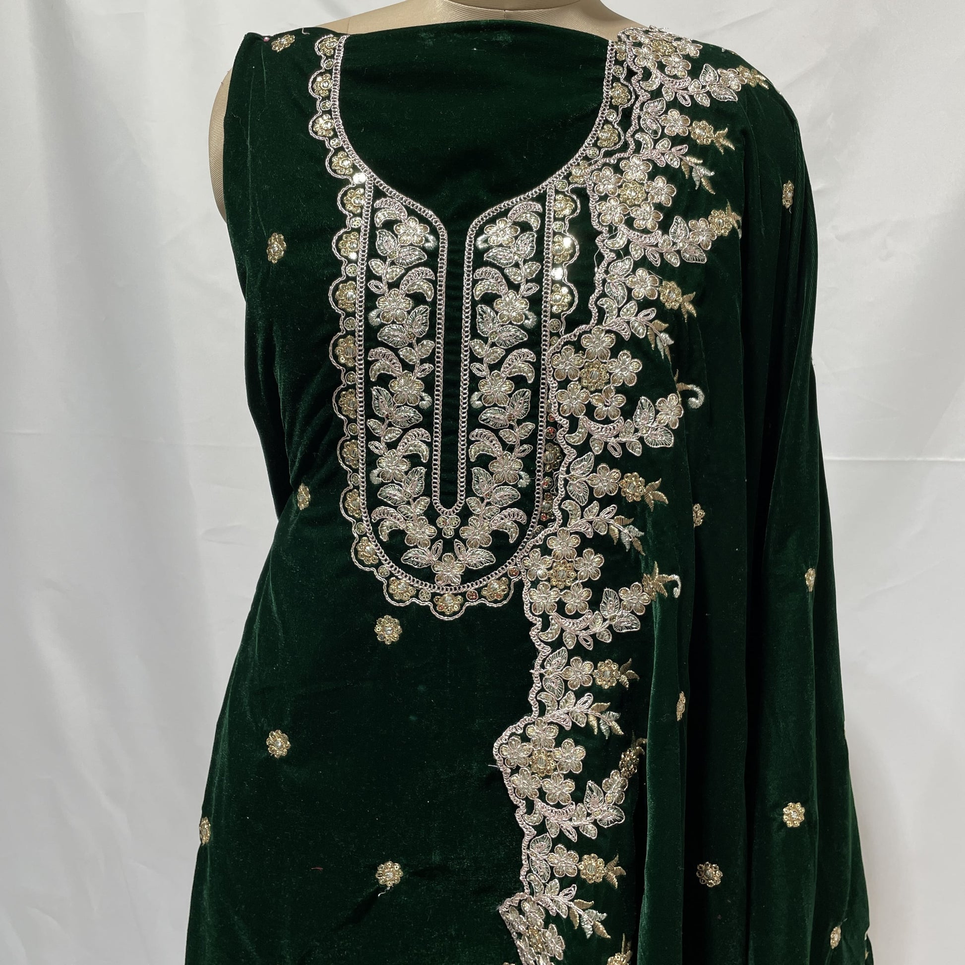 Premium Green Zari Embroidery Velvet Suit Set With Dupatta