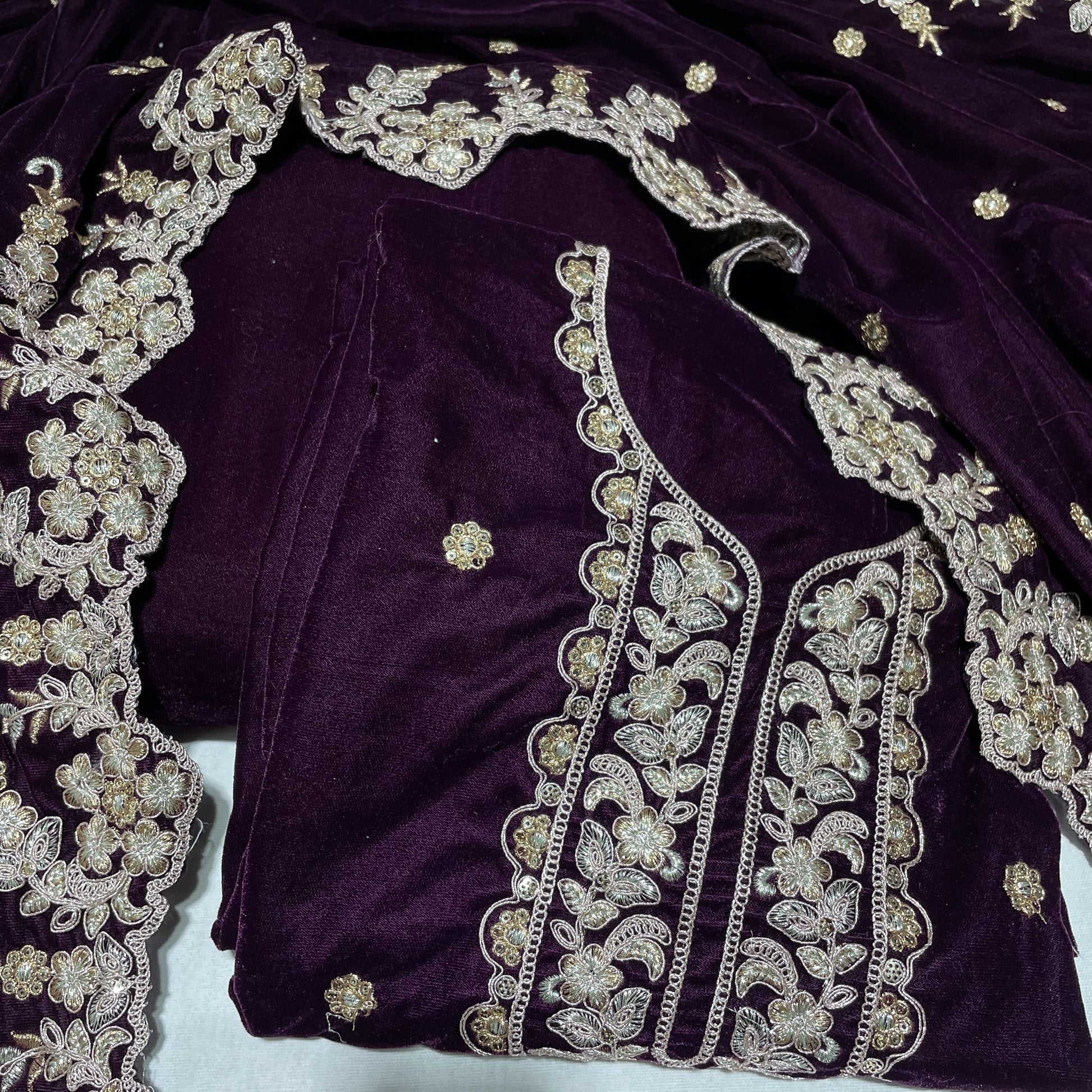 Premium Wine Zari Embroidery Velvet Suit Set With Dupatta