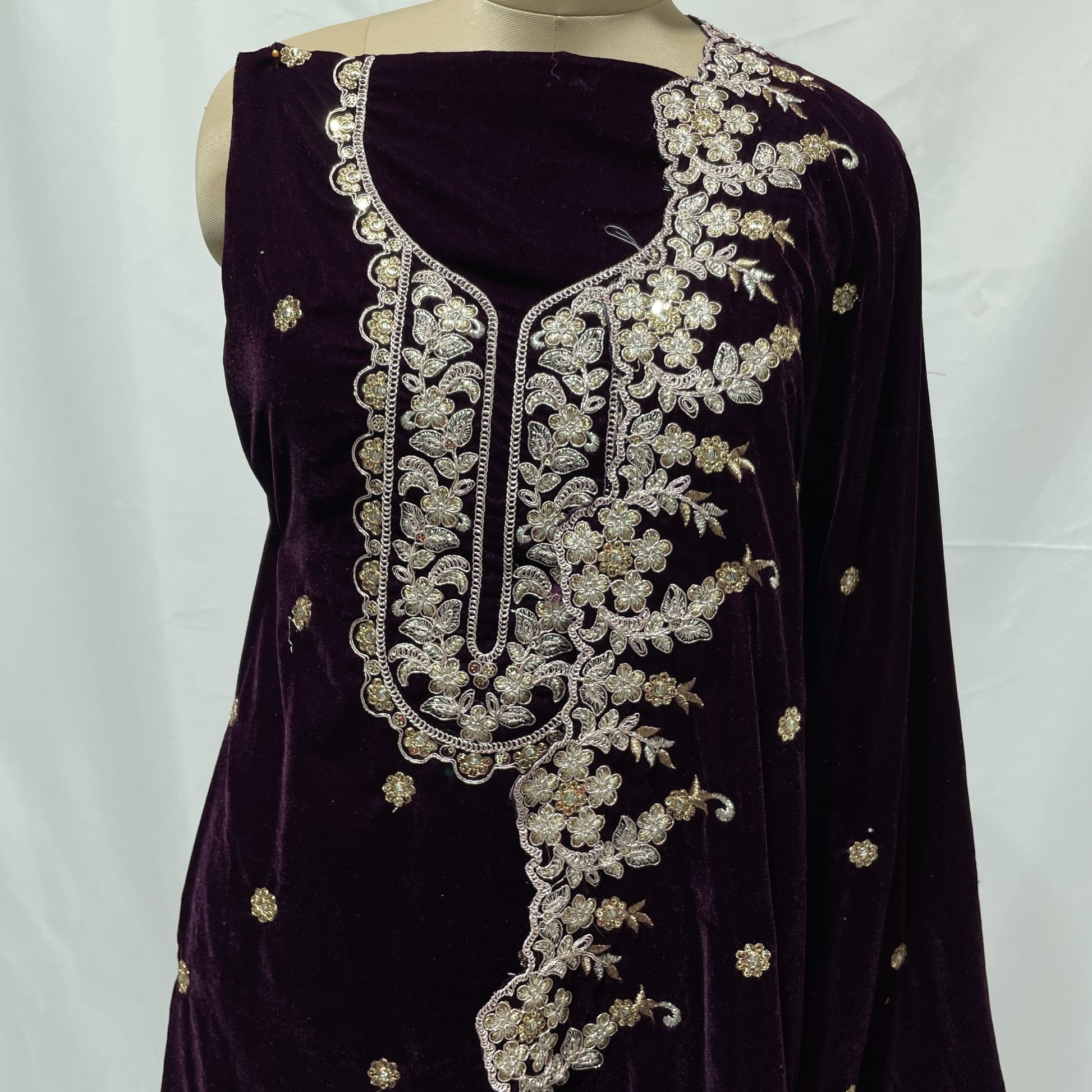 Premium Wine Zari Embroidery Velvet Suit Set With Dupatta