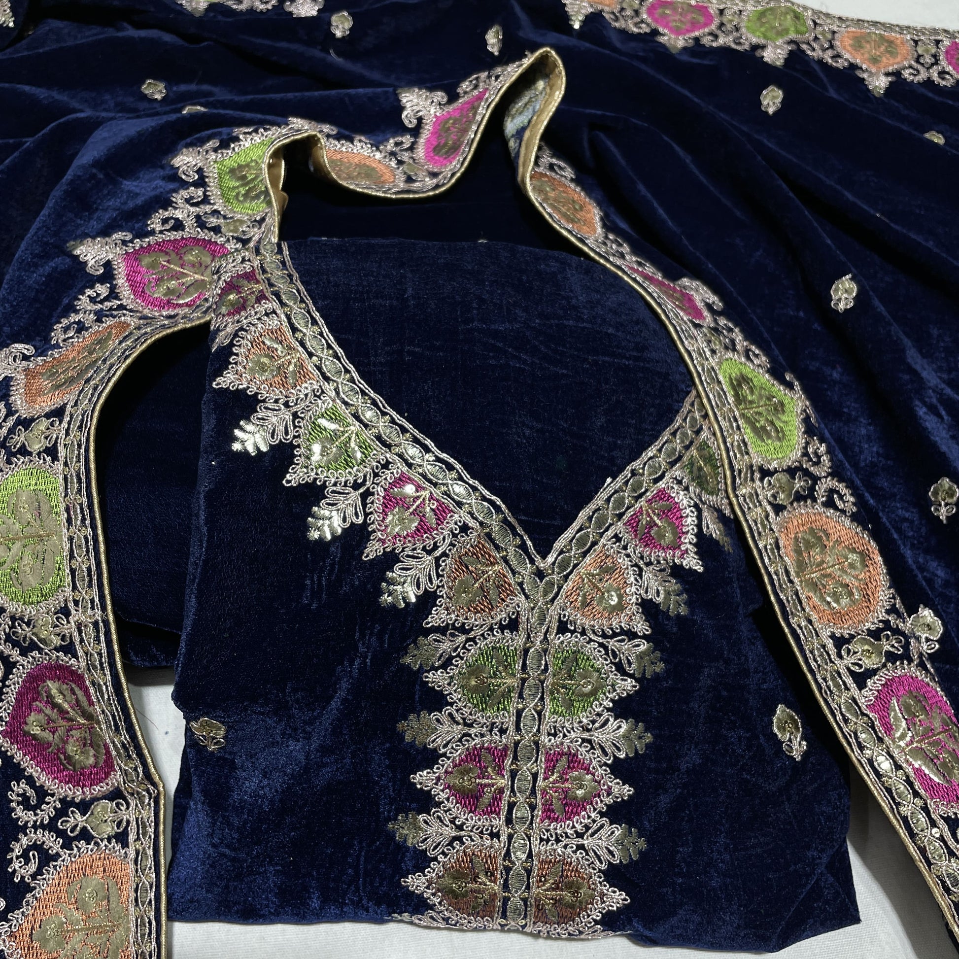 Premium Blue Multicolor Thread Sequence Embroidery Velvet Suit Set With Dupatta