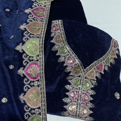 Premium Blue Multicolor Thread Sequence Embroidery Velvet Suit Set With Dupatta