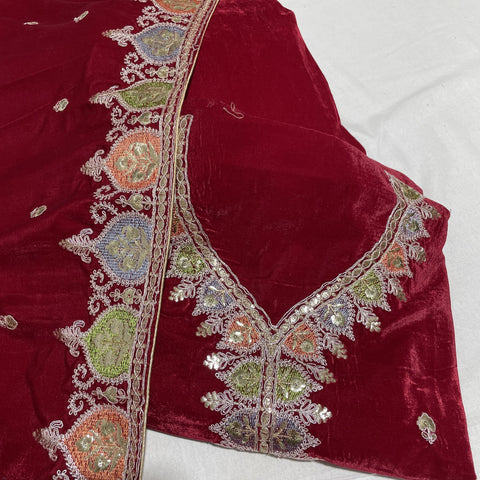 Premium Red Multicolor Thread Sequence Embroidery Velvet Suit Set With Dupatta