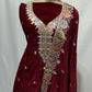 Premium Red Multicolor Thread Sequence Embroidery Velvet Suit Set With Dupatta