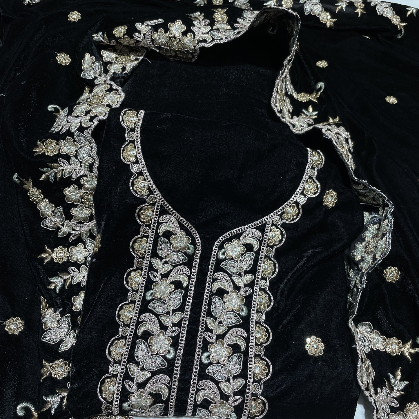 Premium Black Zari Embroidery Velvet Suit Set With Dupatta
