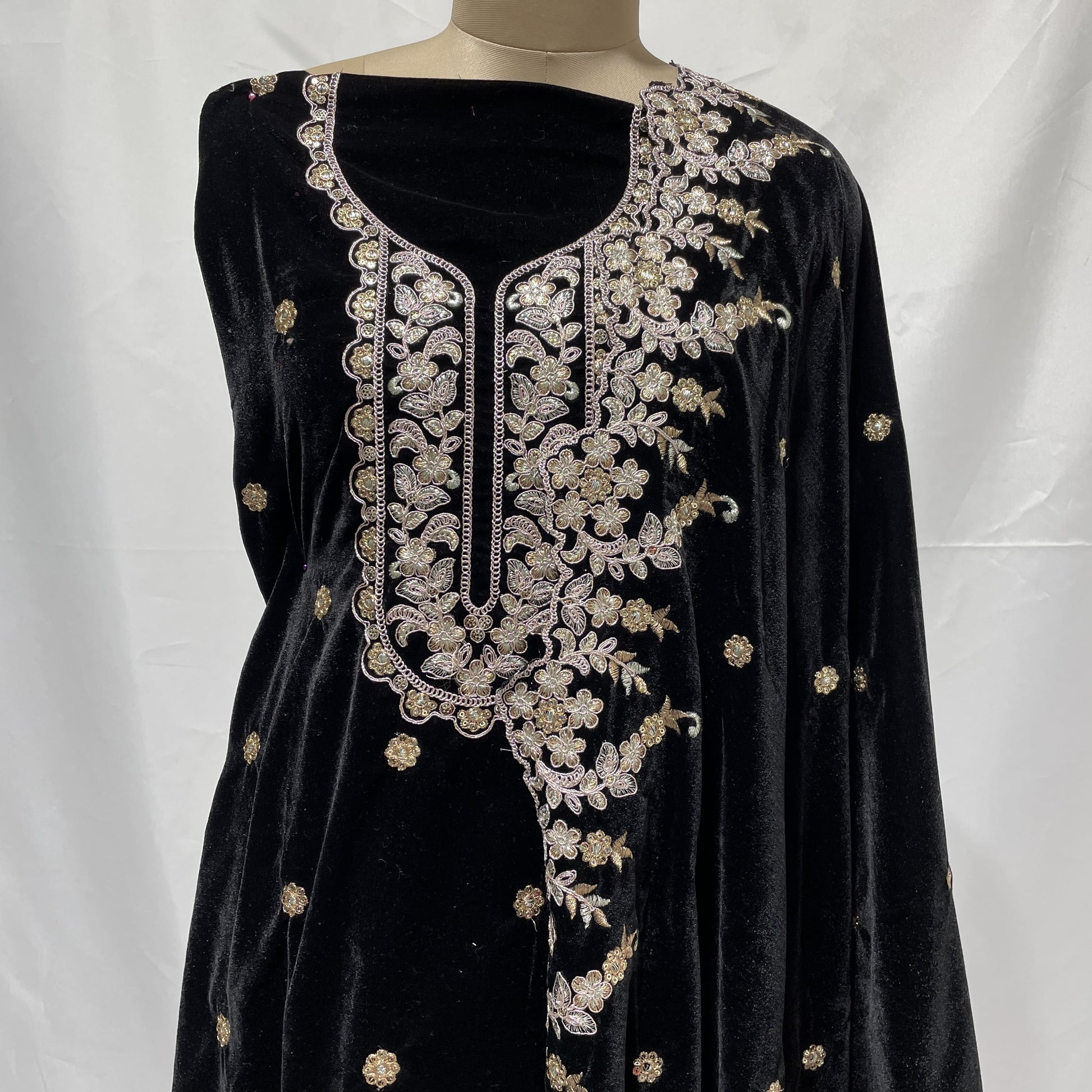 Premium Black Zari Embroidery Velvet Suit Set With Dupatta
