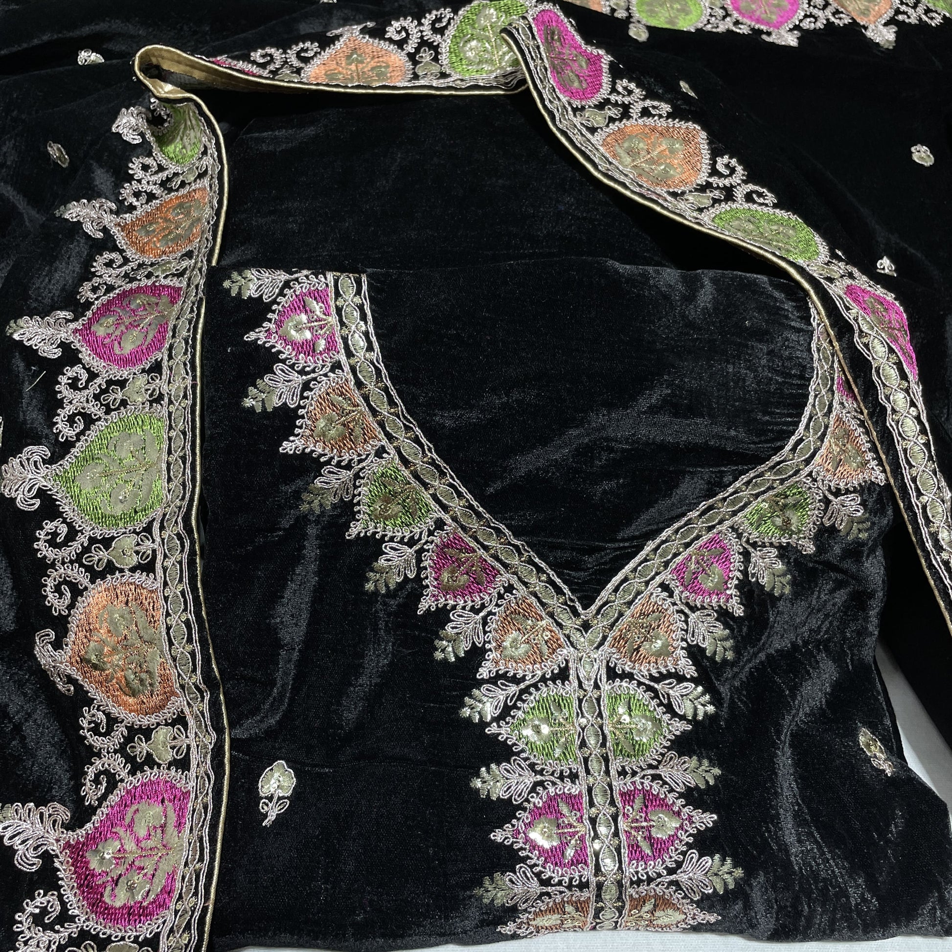 Premium Black Multicolor Thread Sequence Embroidery Velvet Suit Set With Dupatta