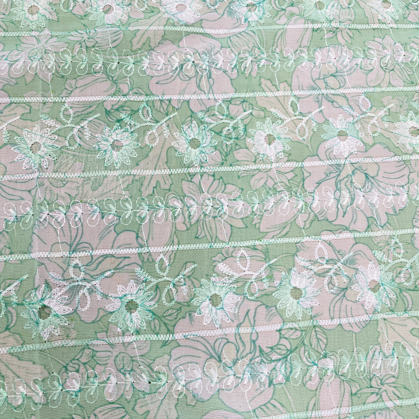 Green & White Thread Embroidery Imported Organza Chiffon Fabric - TradeUNO
