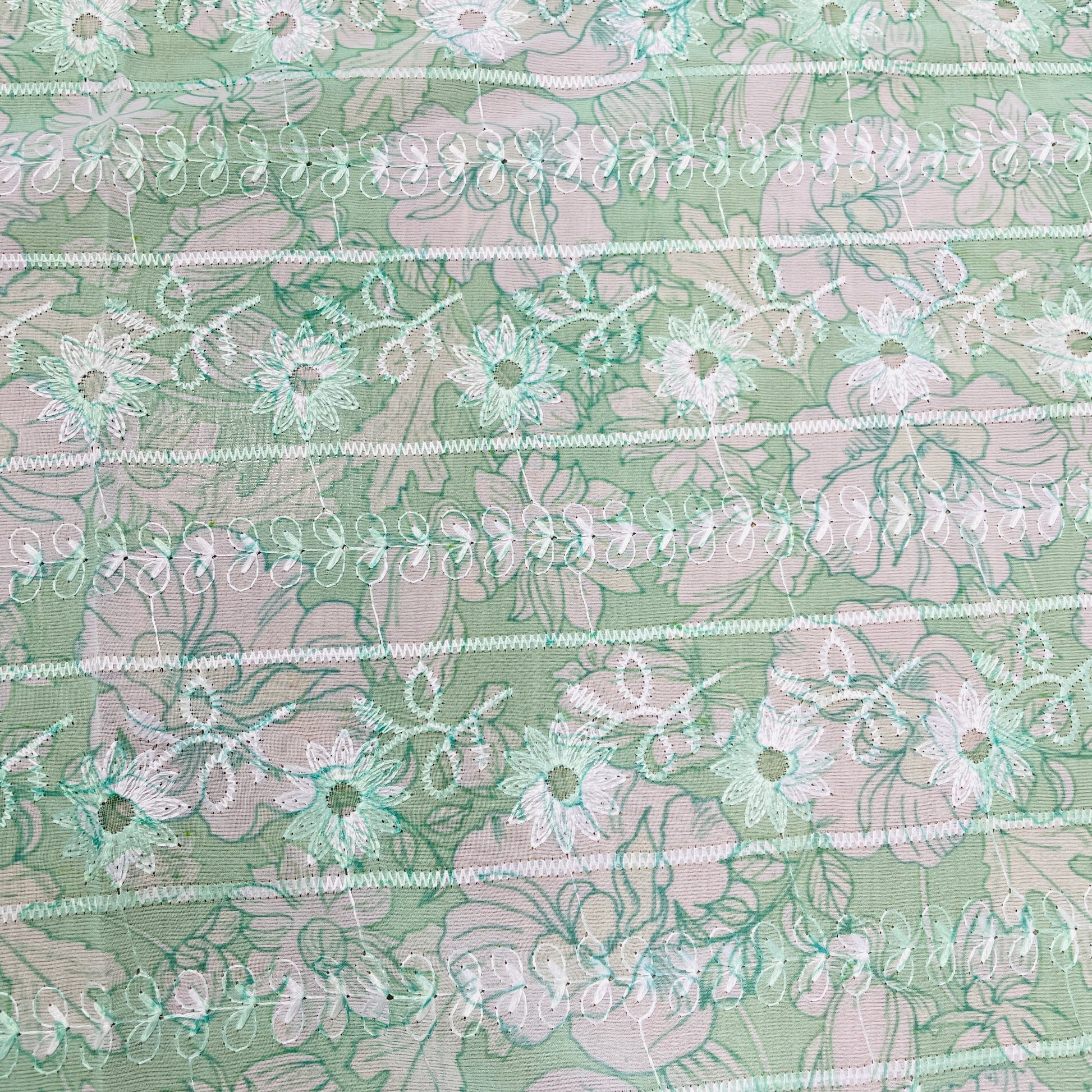 Green & White Thread Embroidery Imported Organza Chiffon Fabric - TradeUNO