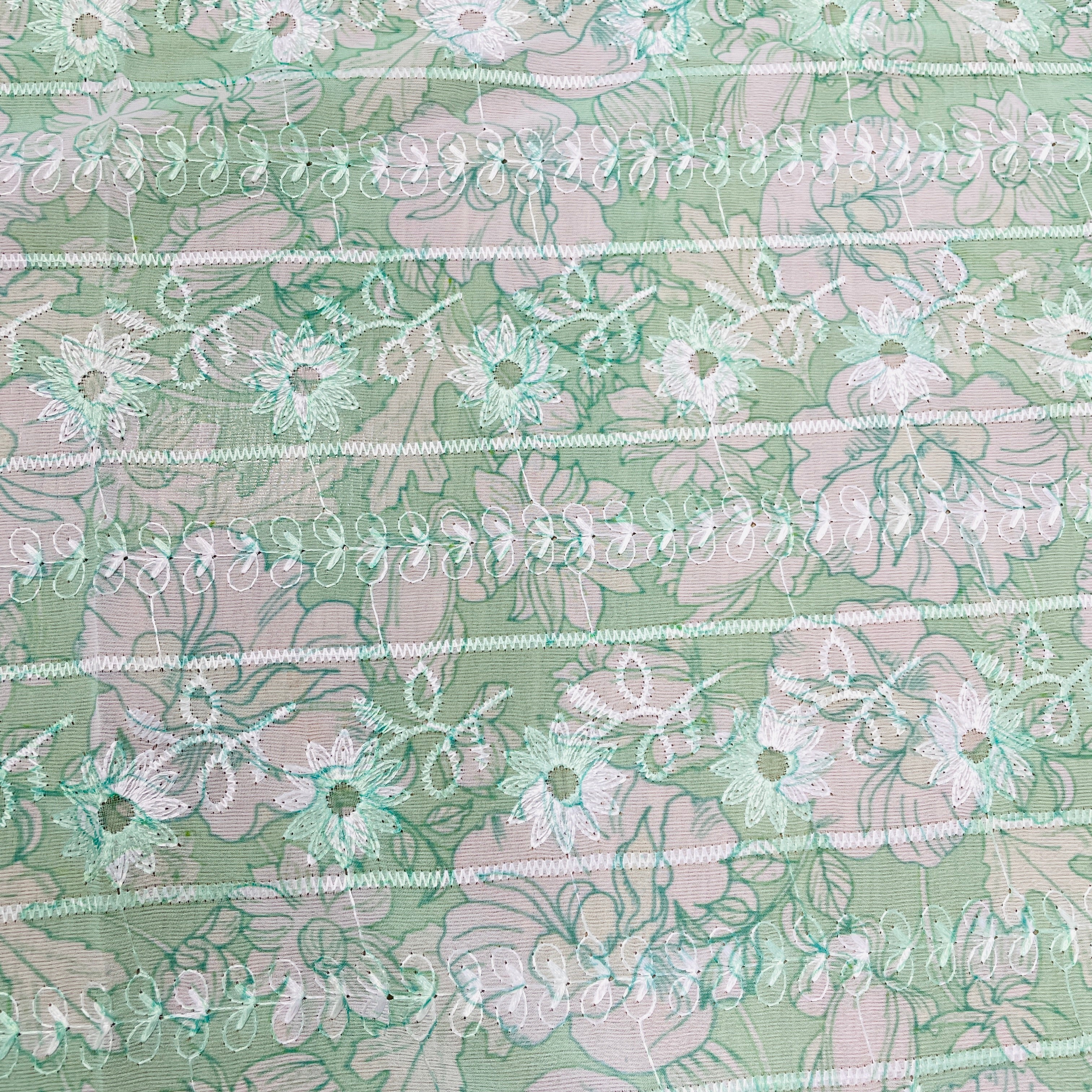 Green & White Thread Embroidery Imported Organza Chiffon Fabric - TradeUNO