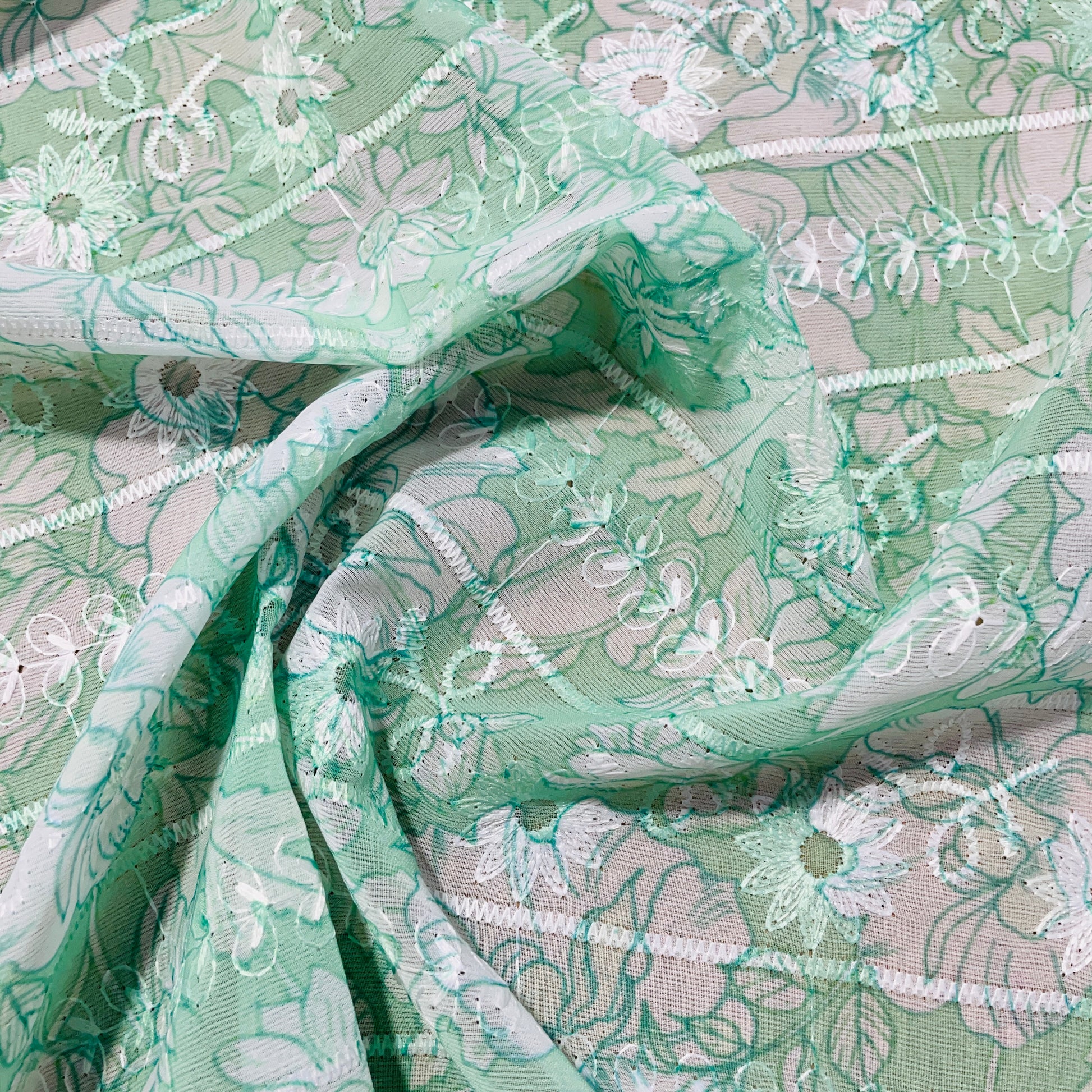 Green & White Thread Embroidery Imported Organza Chiffon Fabric - TradeUNO