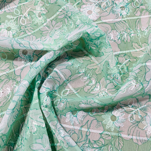 Green & White Thread Embroidery Imported Organza Chiffon Fabric - TradeUNO