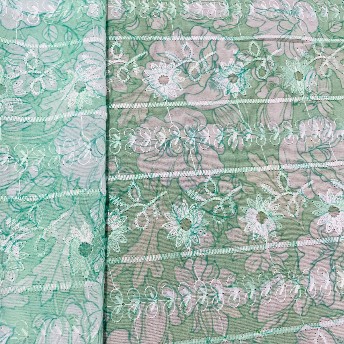 Green & White Thread Embroidery Imported Organza Chiffon Fabric - TradeUNO