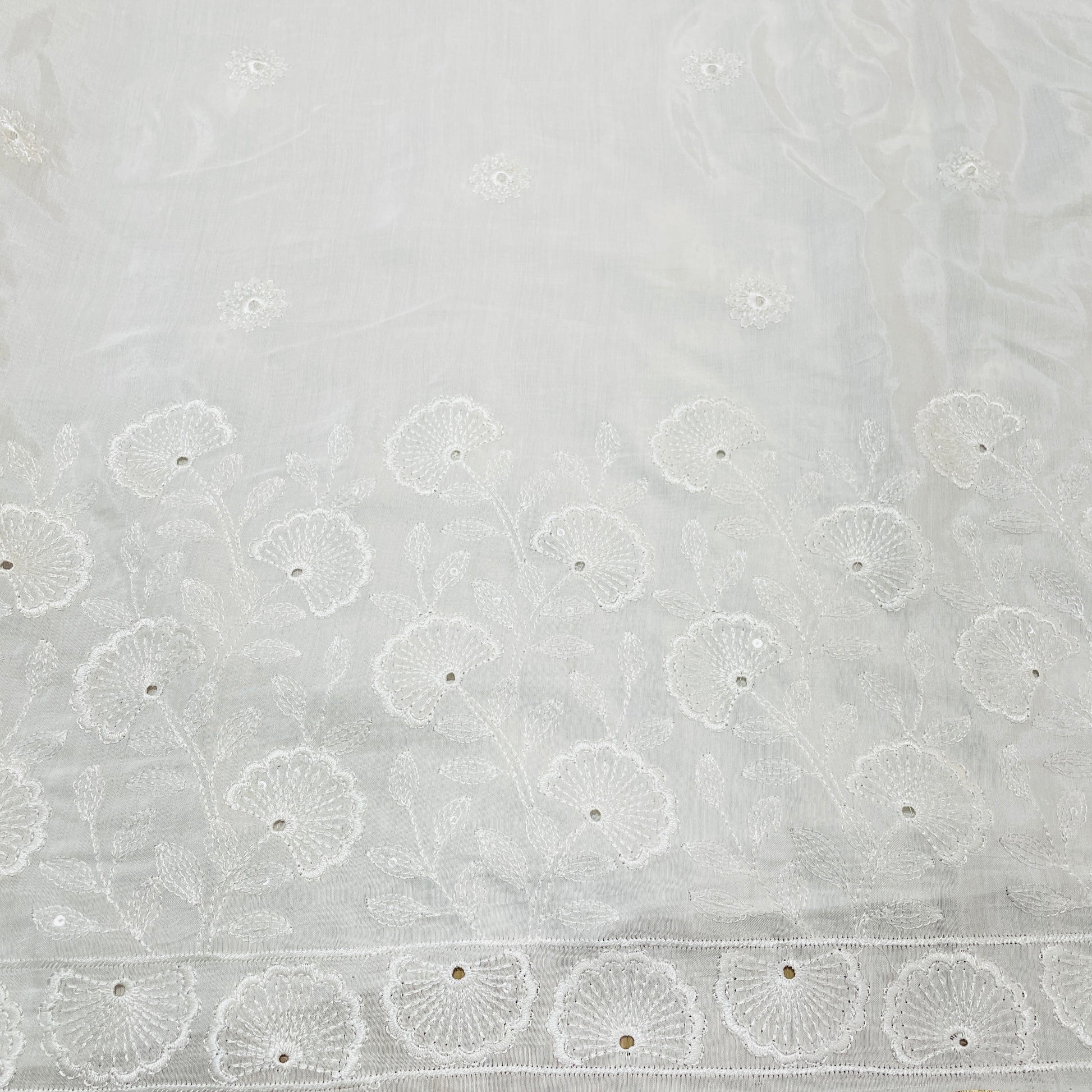 White Floral Sequence Thread Embroidery Dyeable Muslin Fabric - TradeUNO