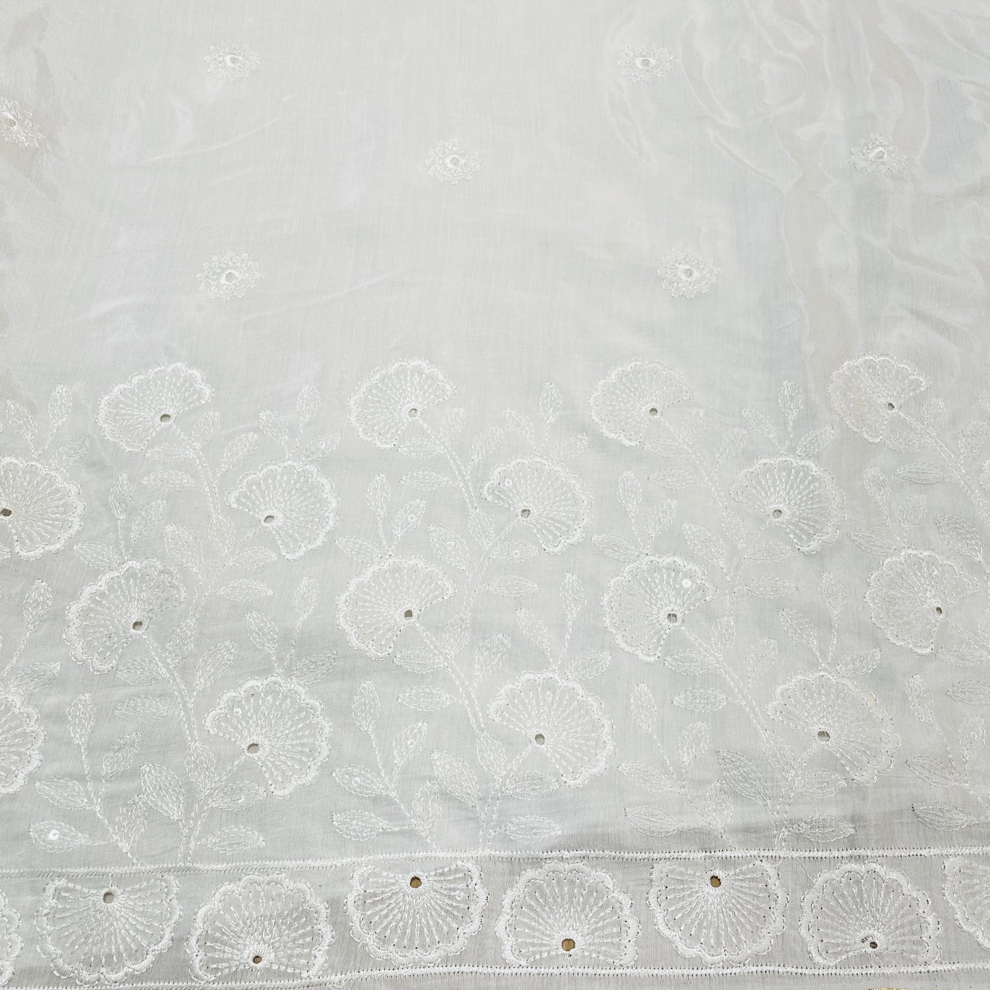 White Floral Sequence Thread Embroidery Dyeable Muslin Fabric - TradeUNO