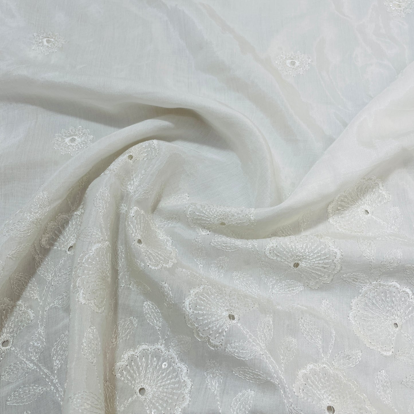 White Floral Sequence Thread Embroidery Dyeable Muslin Fabric - TradeUNO
