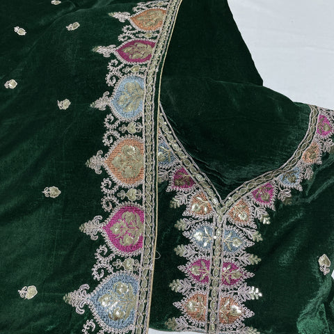 Premium Green Multicolor Thread Sequence Embroidery Velvet Suit Set With Dupatta