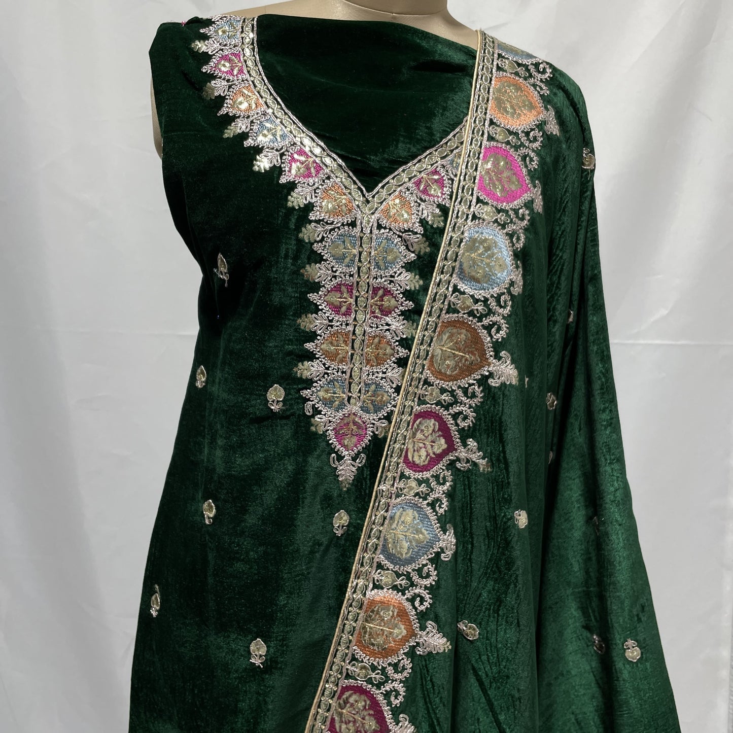 Premium Green Multicolor Thread Sequence Embroidery Velvet Suit Set With Dupatta