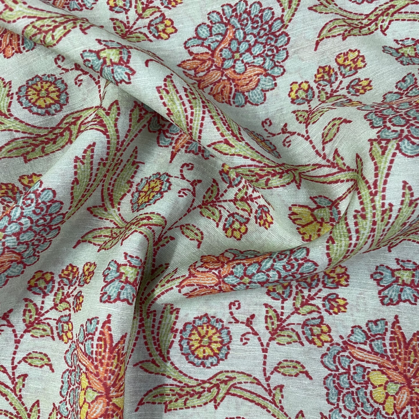Exclusive Linen Organza Light Green Floral Prints Fabric