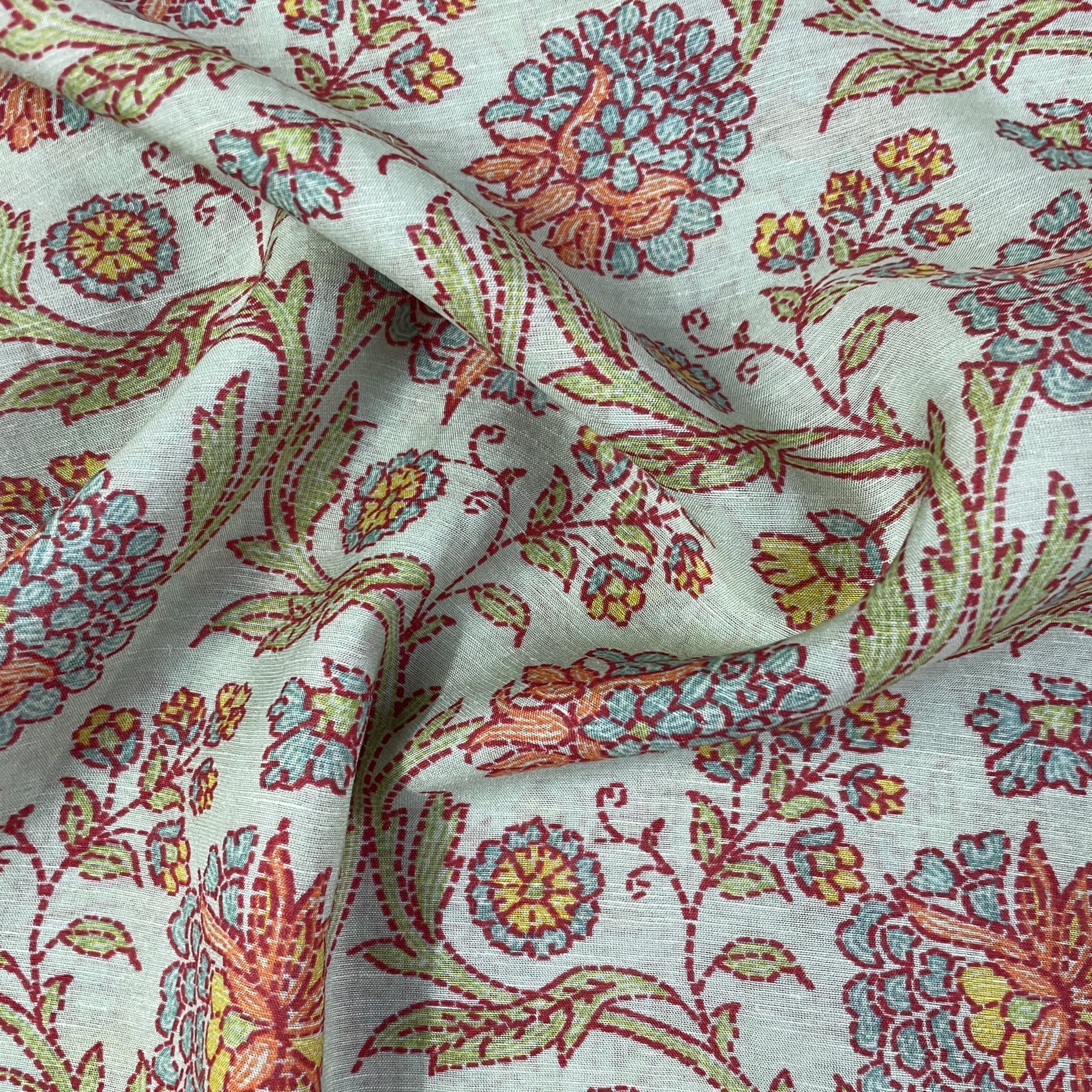 Exclusive Linen Organza Light Green Floral Prints Fabric