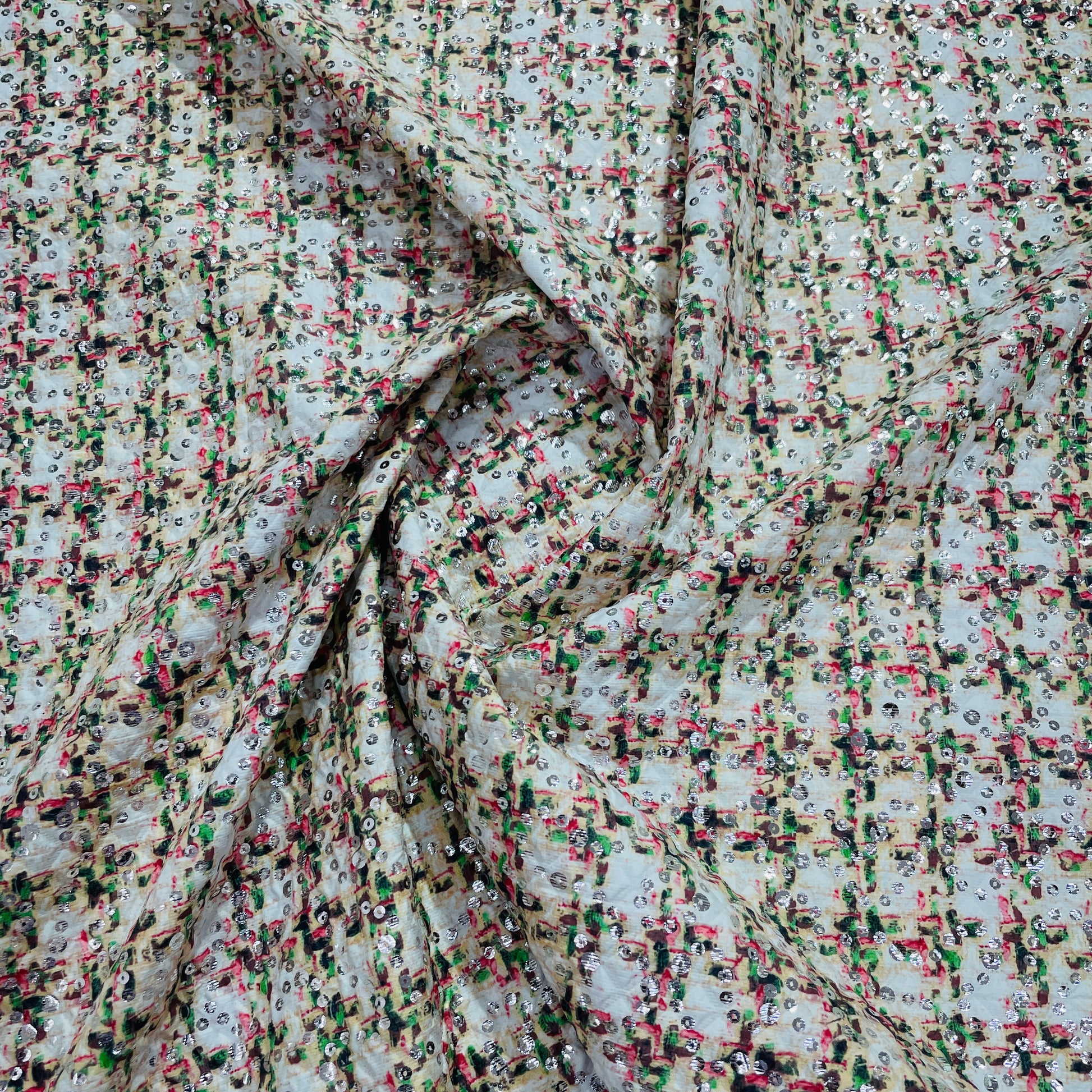 White & Multicolor Embossed Satin Fabric
