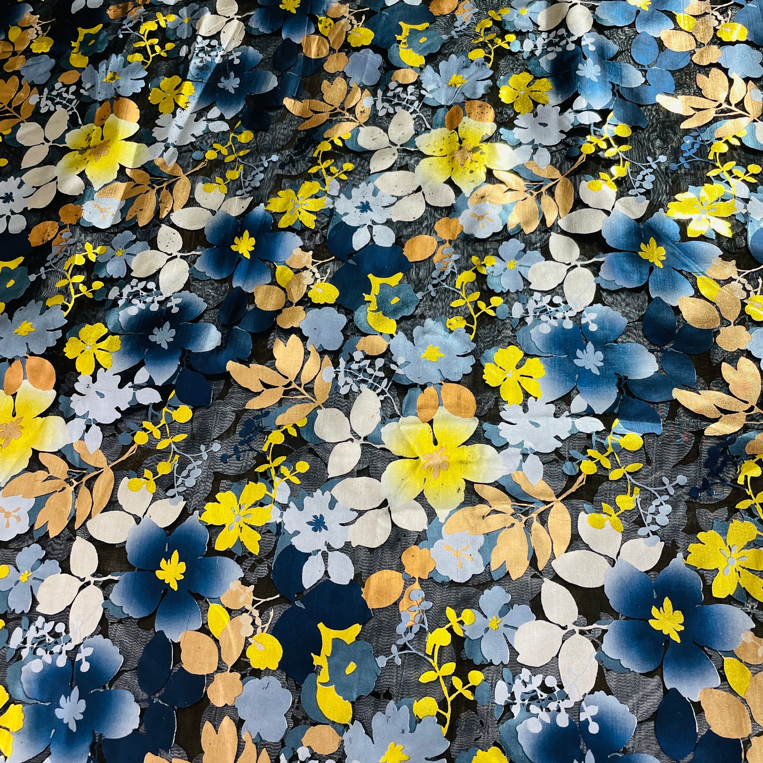 Black & Multicolor Floral Foil Organza Fabric - TradeUNO