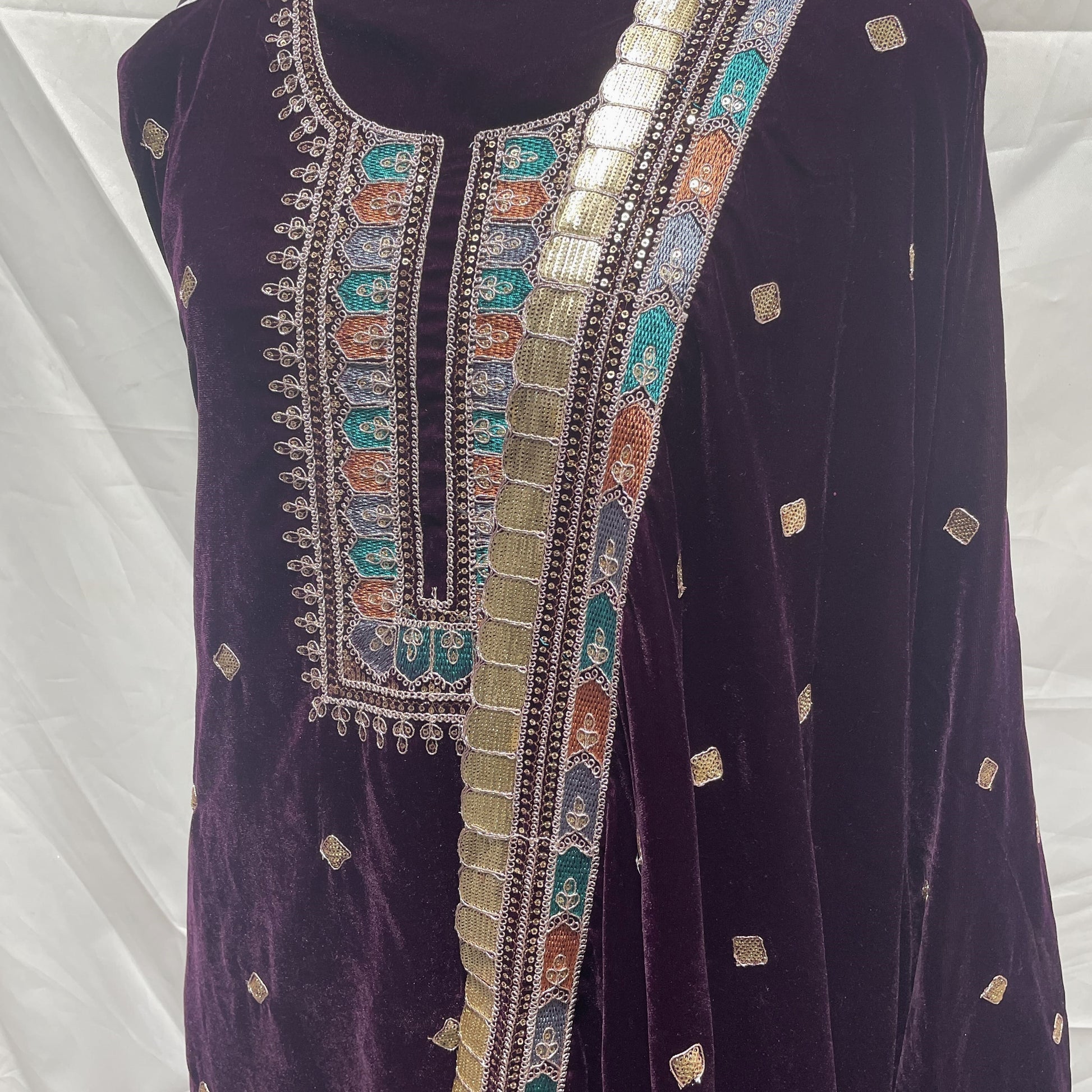 Premium Wine Thread Sequence Embroidery Velvet Suit Set With Dupatta