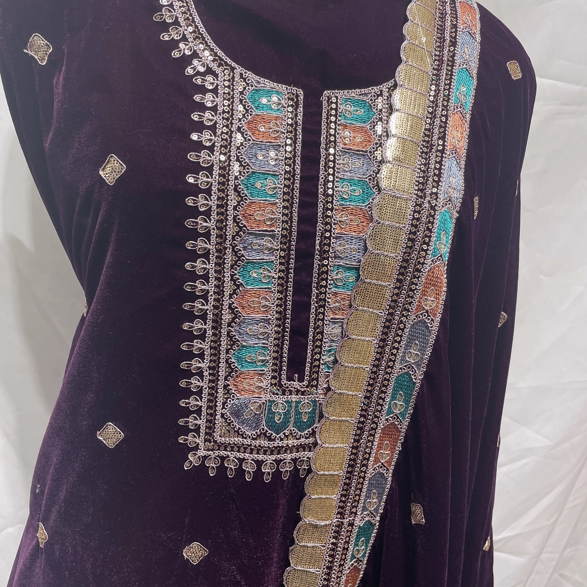 Premium Wine Thread Sequence Embroidery Velvet Suit Set With Dupatta