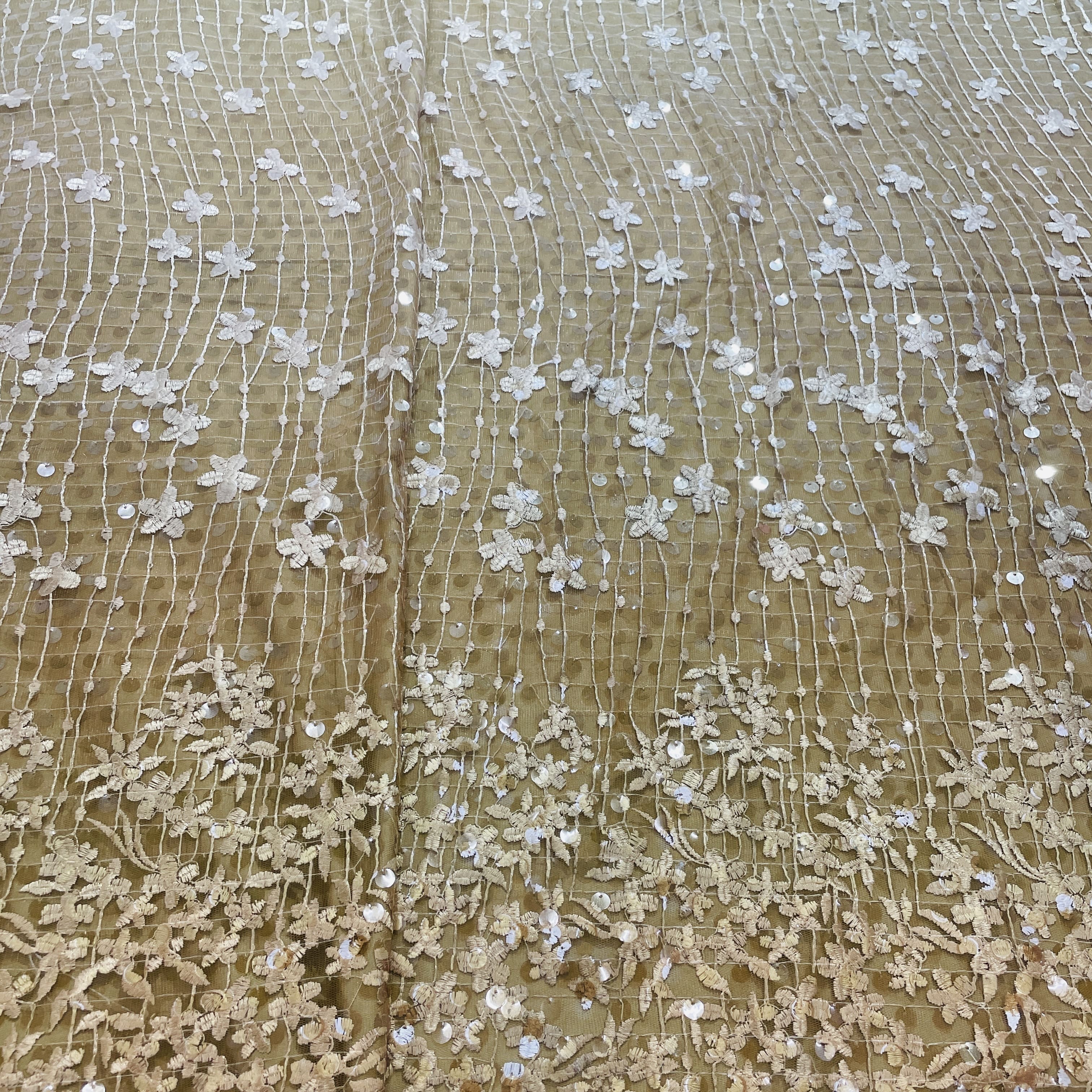 cream brown ombre floral sequence embroidery net fabric