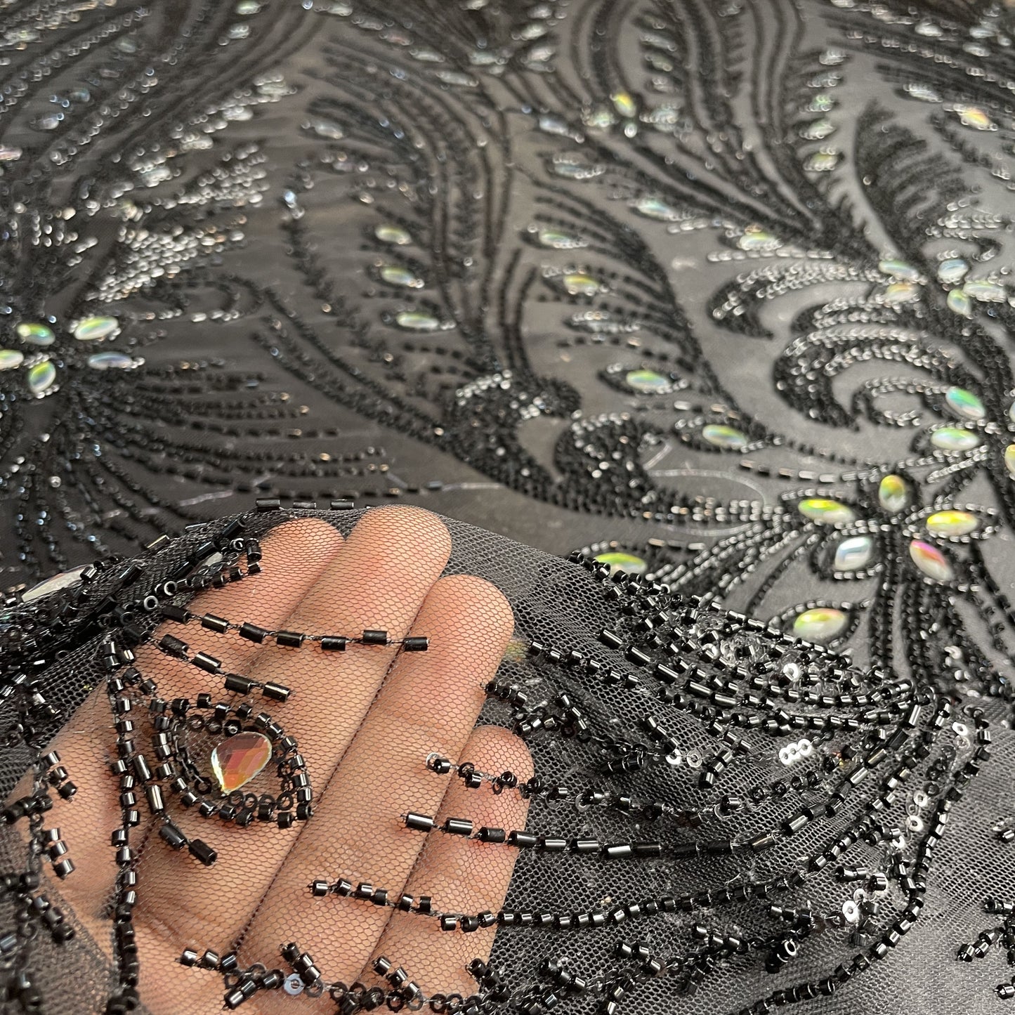 Premium Black Heavy Sequins Rhinestone Embroidery Net Fabric