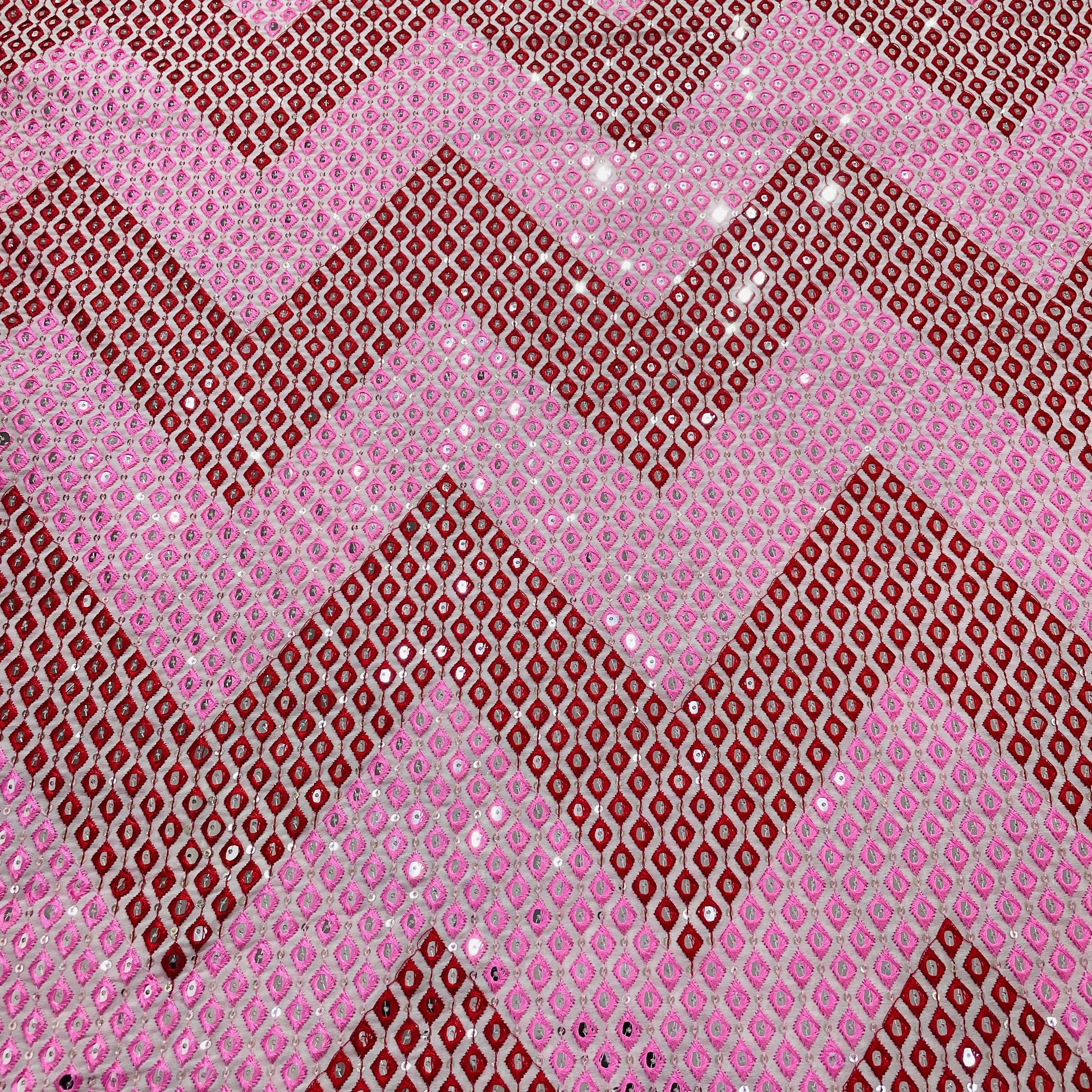 Pink & Red Chevron Mirror Embroidery Georgette Fabric 