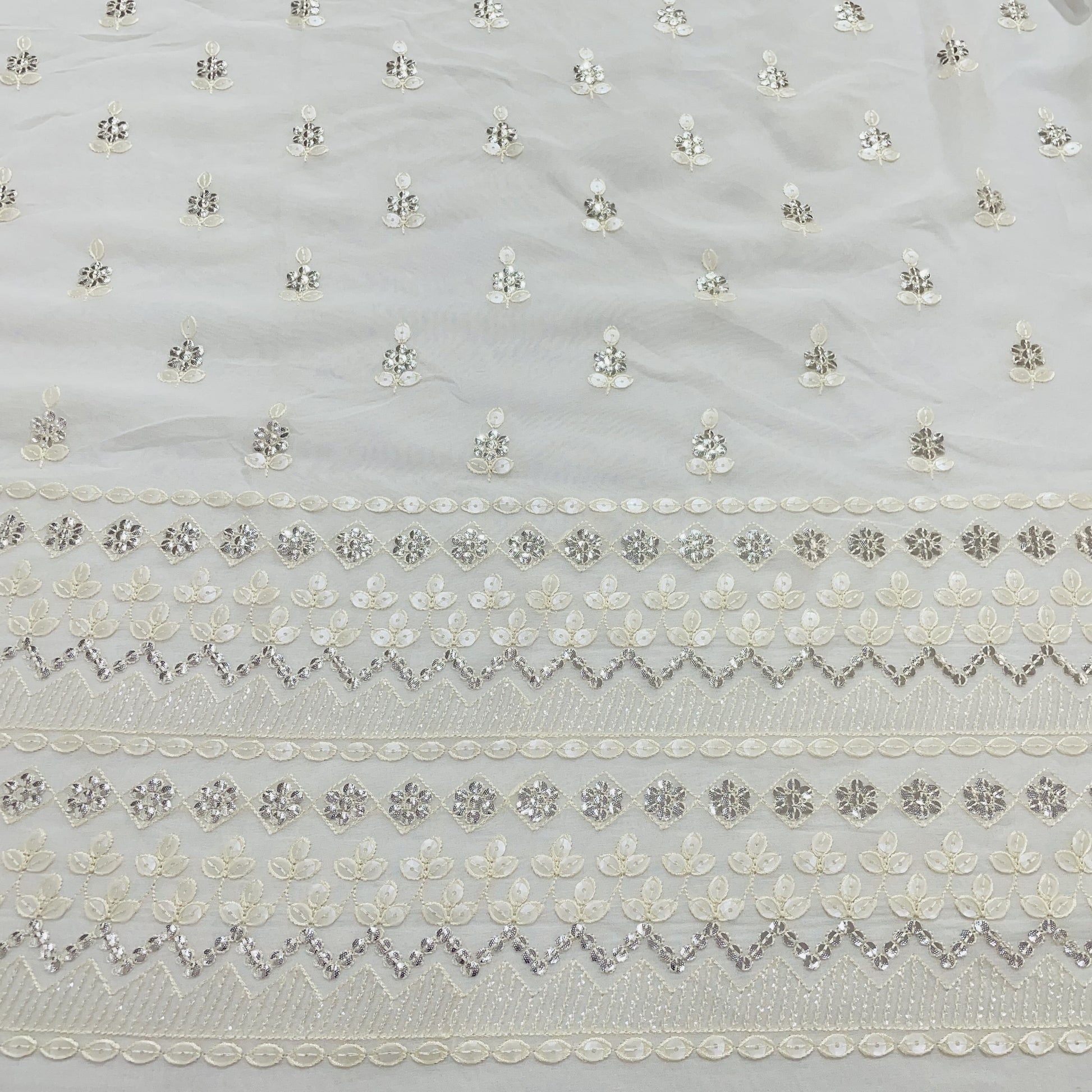 White Floral Sequence Embroidery Dyeable Georgette Fabric