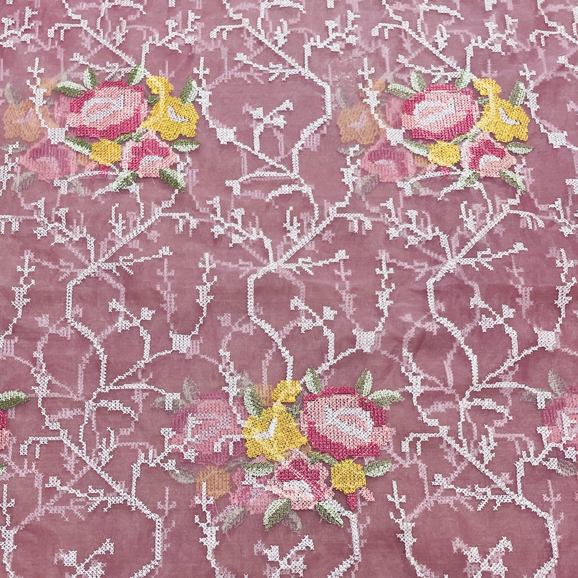 Dull Pink Cross Stich Floral Embroidery Organza Fabric