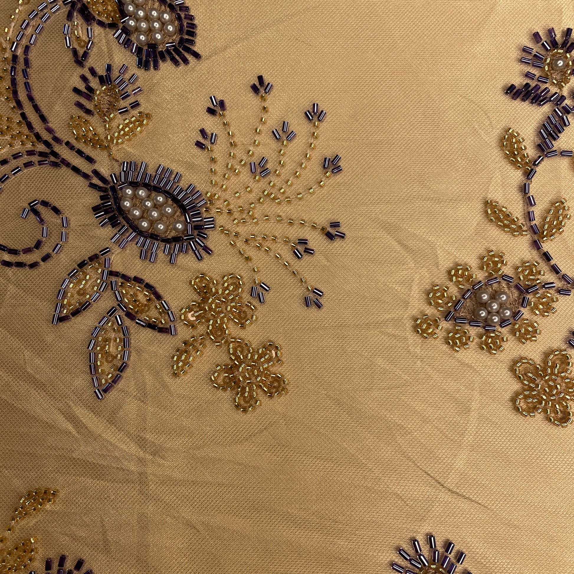 Premium Cream Floral Heavy Pearl Sequins CutDana Embroidery Net Fabric