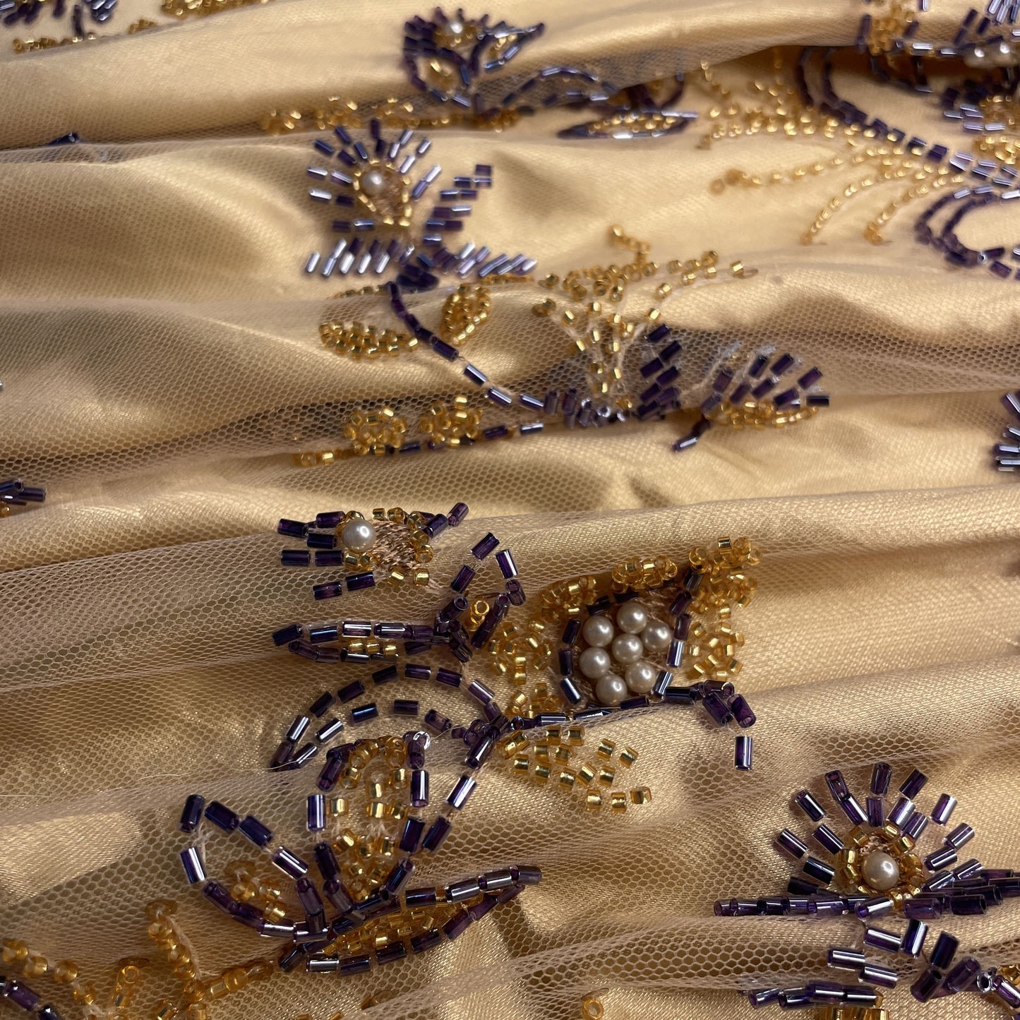 Premium Cream Floral Heavy Pearl Sequins CutDana Embroidery Net Fabric