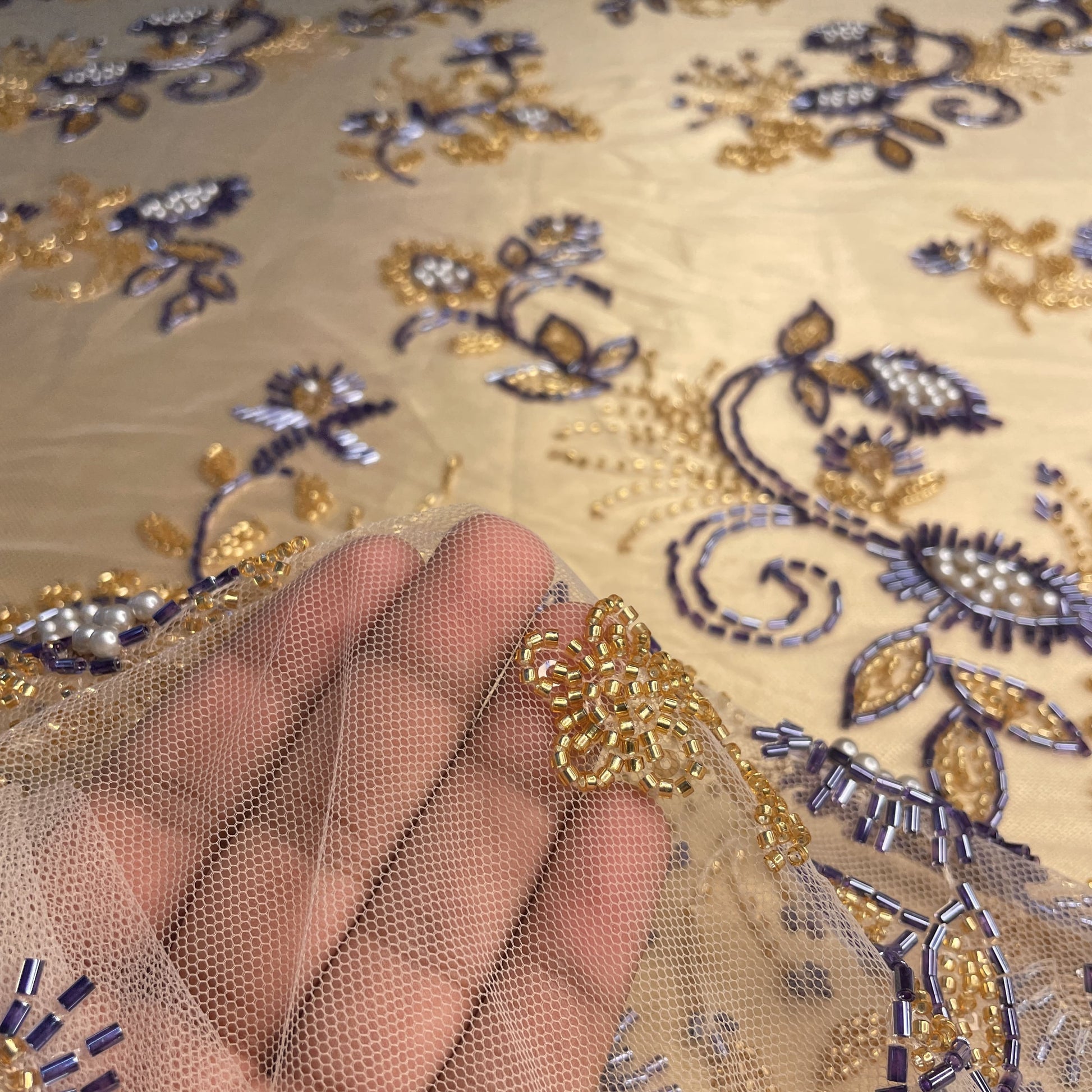 Premium Cream Floral Heavy Pearl Sequins CutDana Embroidery Net Fabric