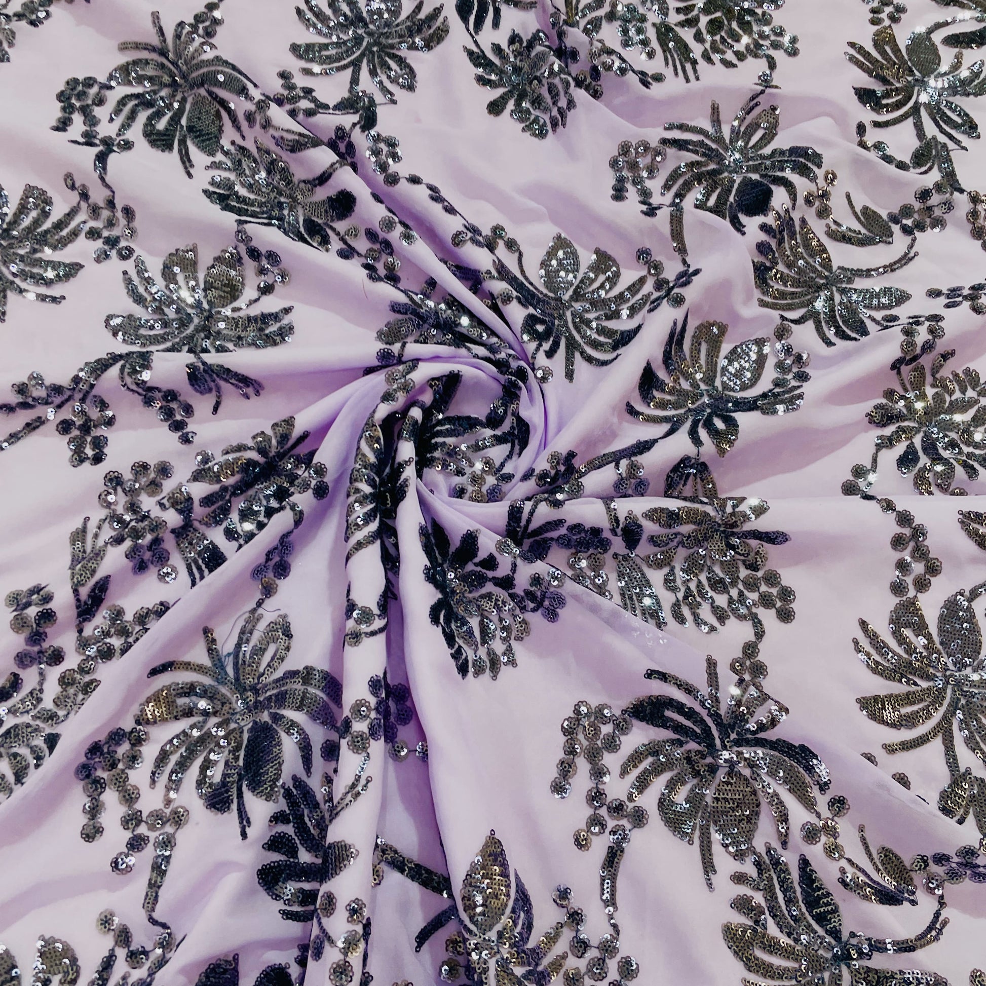 Purple & Black Floral Sequence Embroidery Georgette Fabric