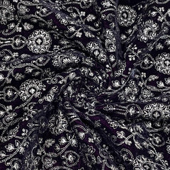 Premium Purple Floral Zari Sequence Embroidery Velvet Fabric