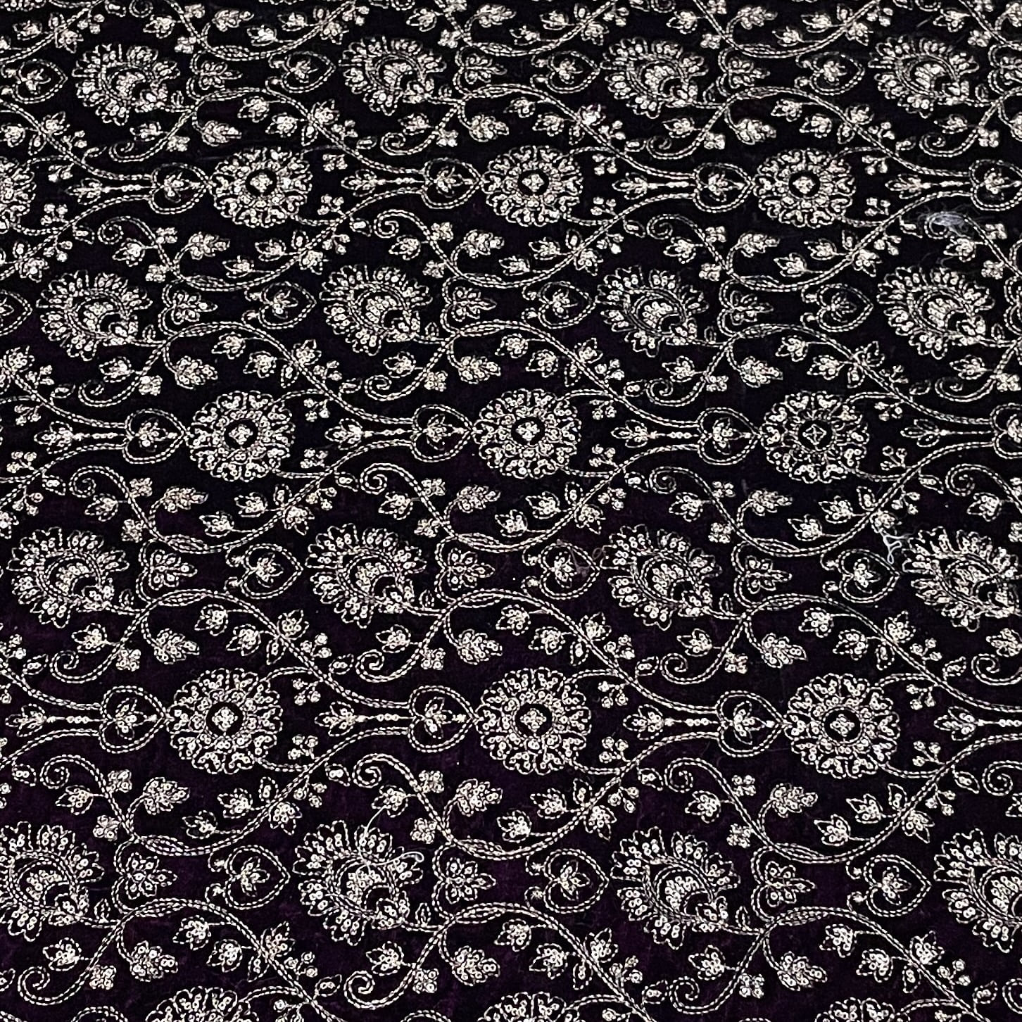 Premium Purple Floral Zari Sequence Embroidery Velvet Fabric