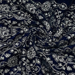 Premium Blue Floral Zari Sequence Embroidery Velvet Fabric