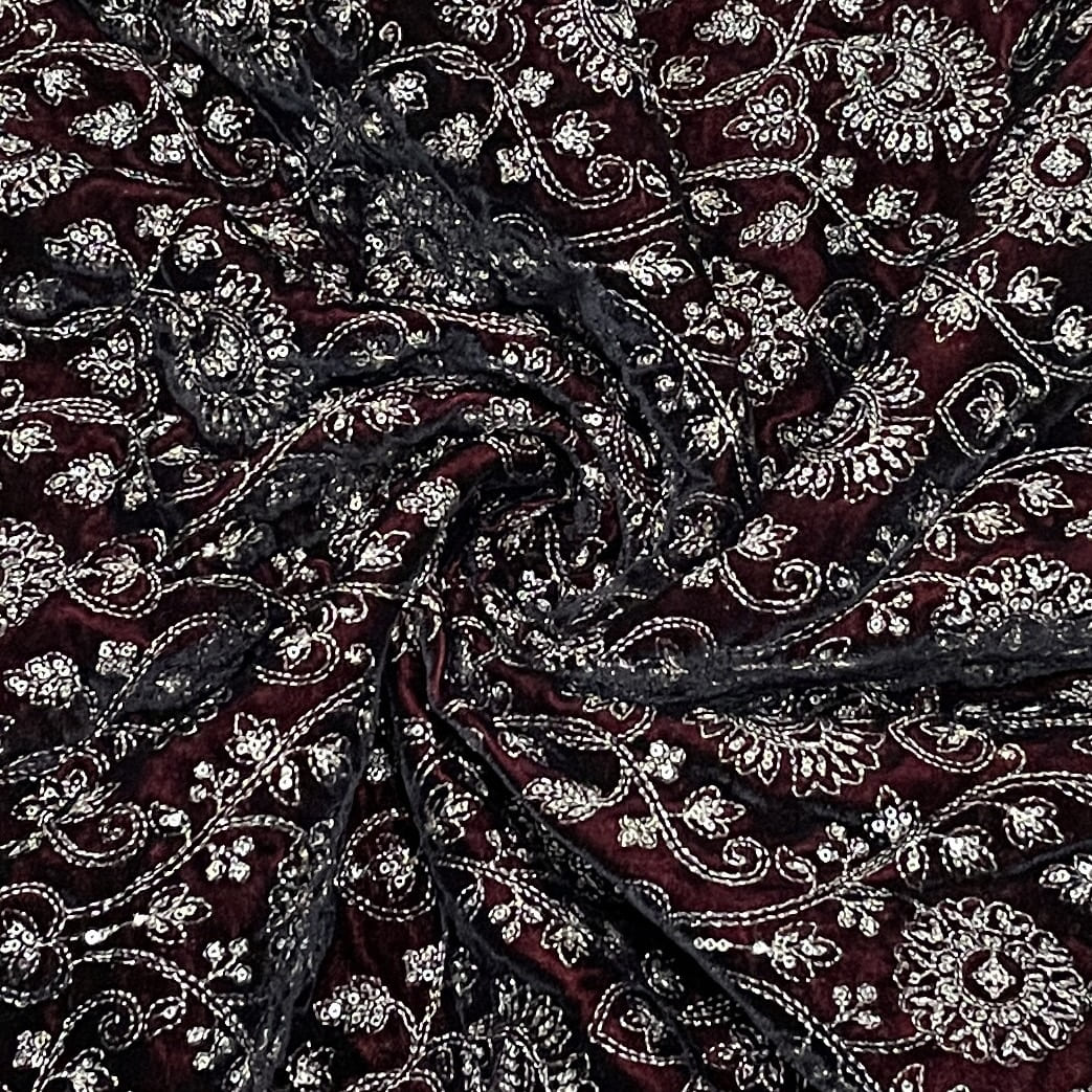 Premium Maroon Floral Zari Sequence Embroidery Velvet Fabric